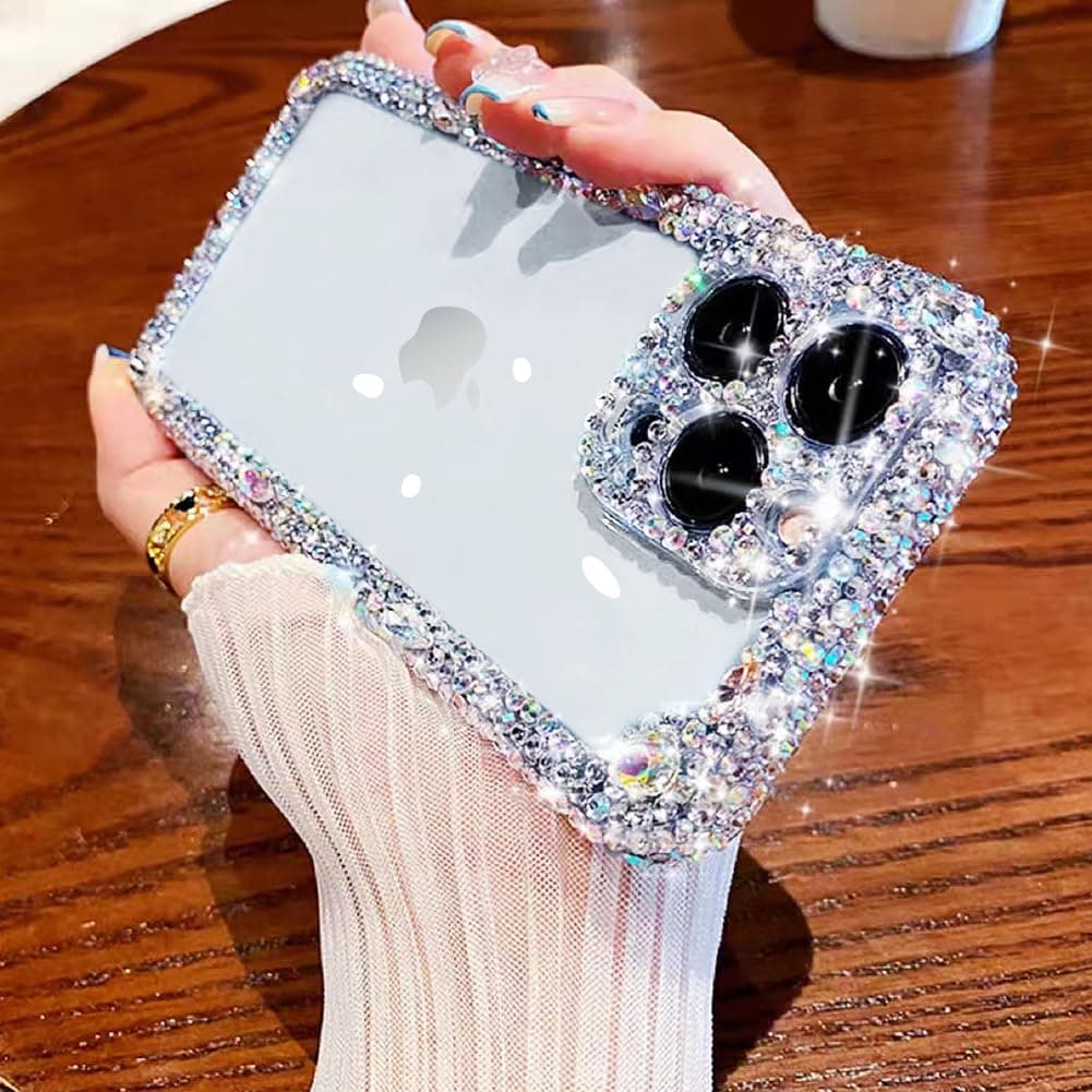 Cavdycidy Designer Compatible with iPhone 14 Pro Max Bling Clear Case for Women,Cute Glitter Phone Case with Sparkle Rhinestone Diamond Camera Protection，Airbag Anti-Fall Crystal Hard Cover for Girl