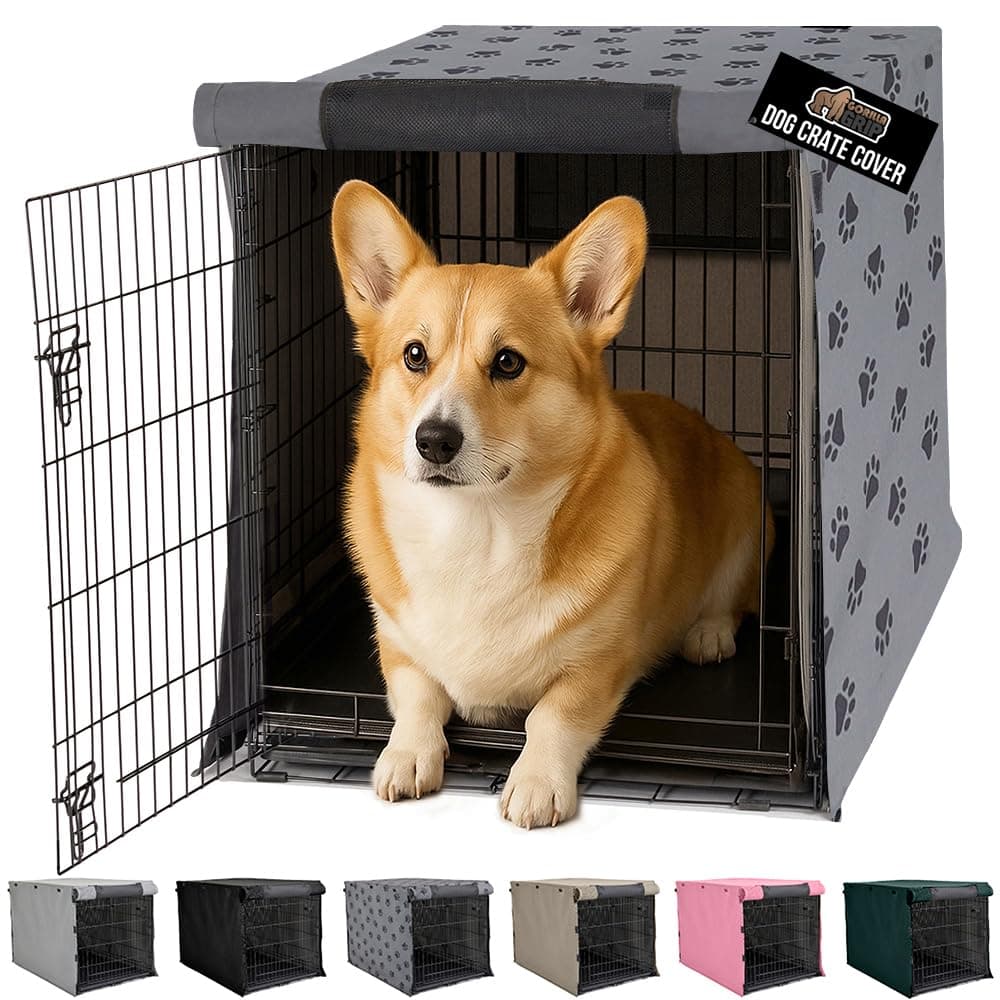 GORILLA GRIP Dog Crate Covers compatible with Amazon Basics Dog Crates, All Sides Open, Privacy Cover Fits 30" Wire Kennel, Breathable Mesh Windows, Light Reducing Puppy Training Cage Topper, Gray Paw