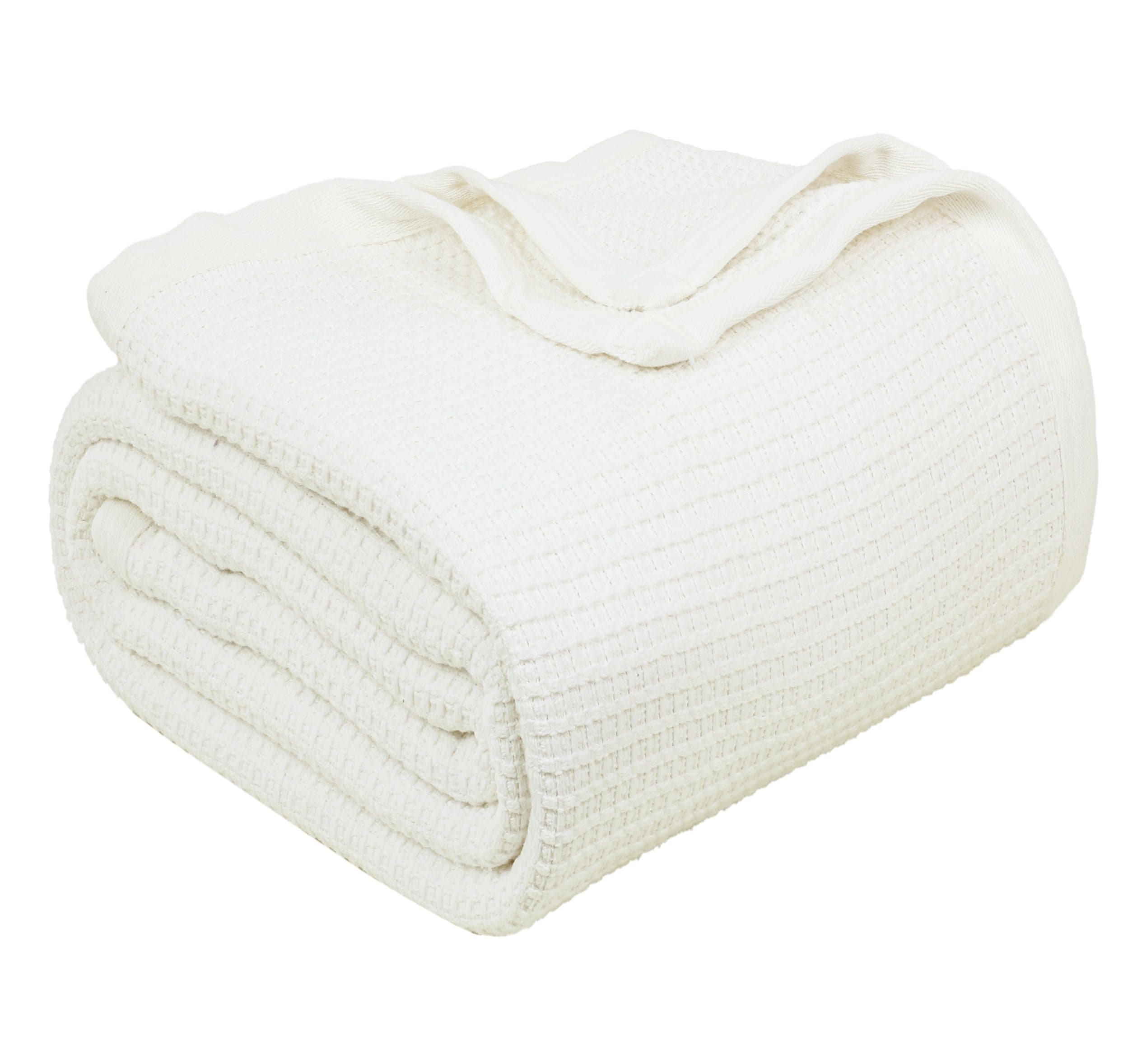 TreeWool 100% Cotton Waffle Weave Blanket for Spring and Summer, Soft Comfortable and Lightweight (Queen Size - 90" x 90", Ivory)