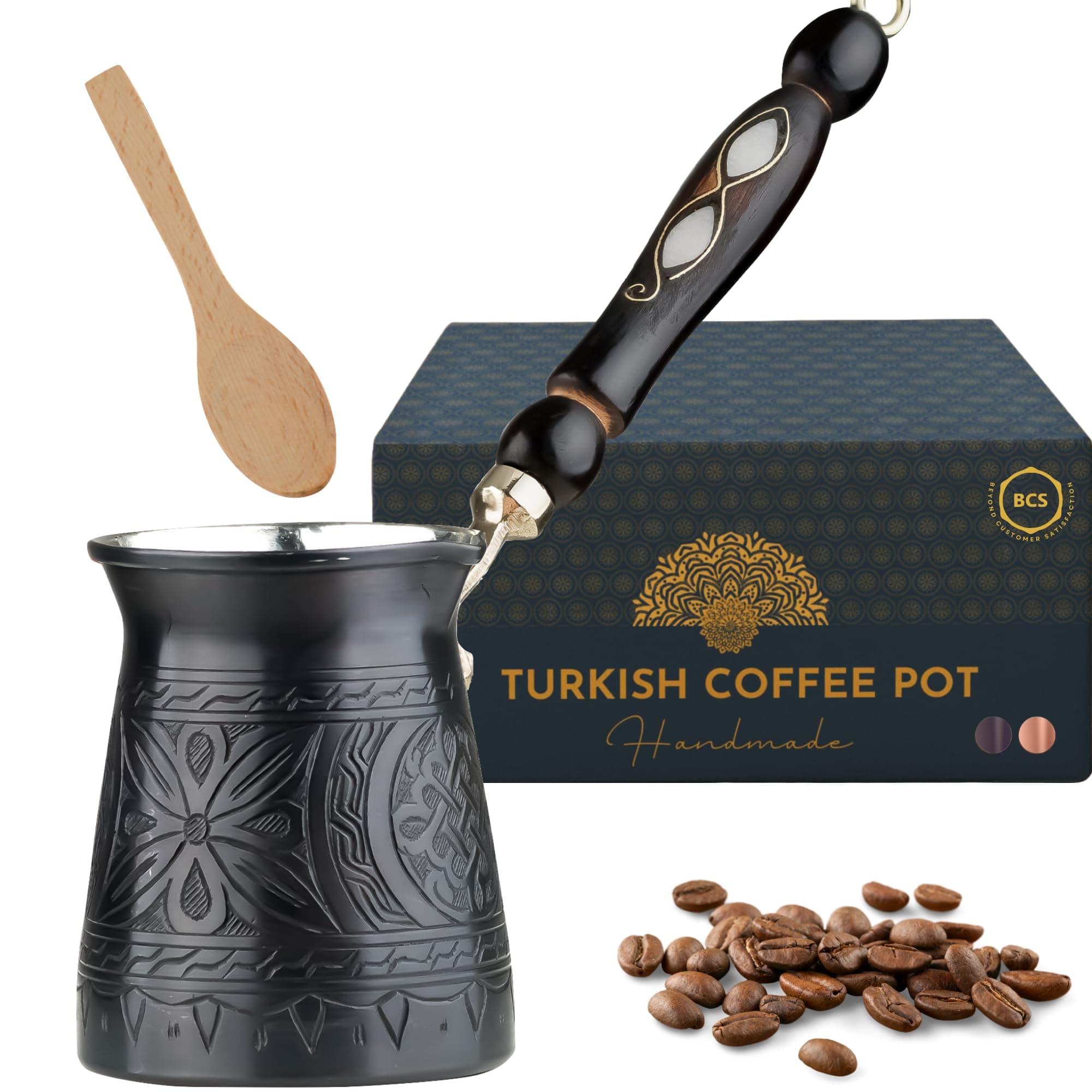 BCS 12 Oz Copper Turkish Greek Arabic Coffee Pot with Wooden Handle (4 servings) Cezve Ibrik Briki Stovetop Coffee Maker with Wooden Spoon