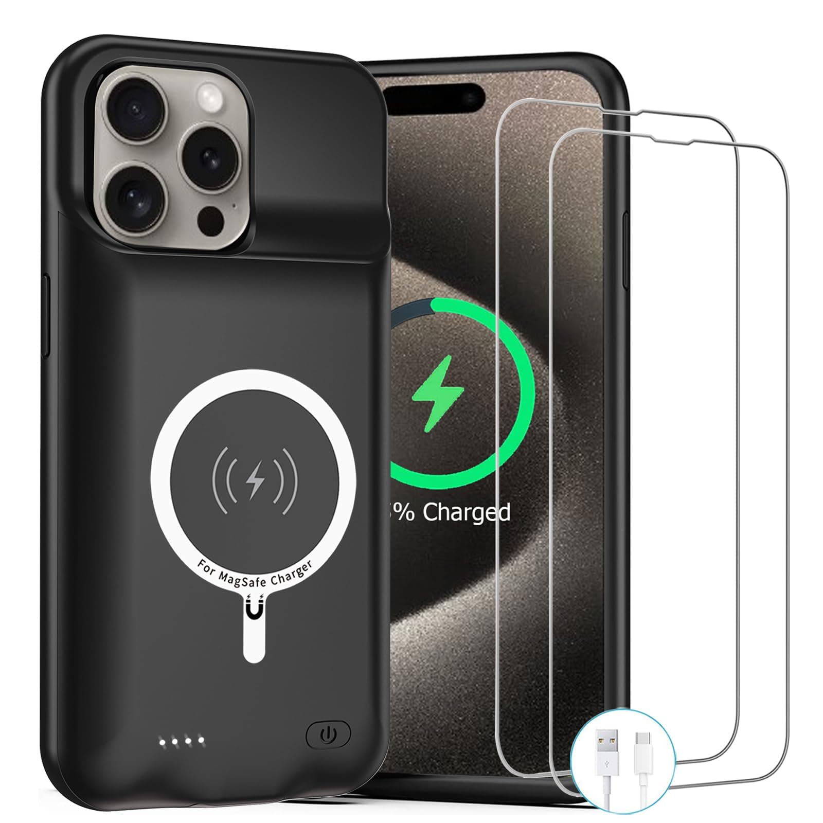 Battery Case for iPhone 15 Pro, 10000mAh Rechargeable Portable Charging Case with Wireless Charging, Compatible for iPhone 15 Pro (6.1 inch) with CarPlay, Extend Battery Pack Charger (Black)