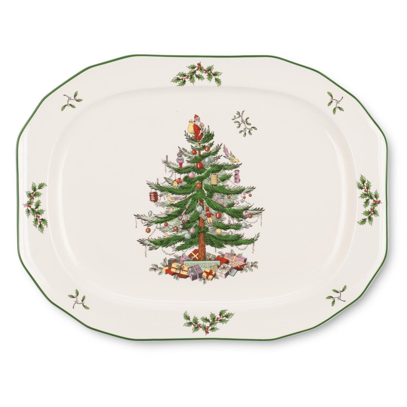 Christmas Tree Sculpted Octagonal Platter, 14-Inch Holiday Serving Platter for Meats, Cheeses & Desserts, Dishwasher & Microwave Safe Christmas Dinnerware with Iconic Tree Design