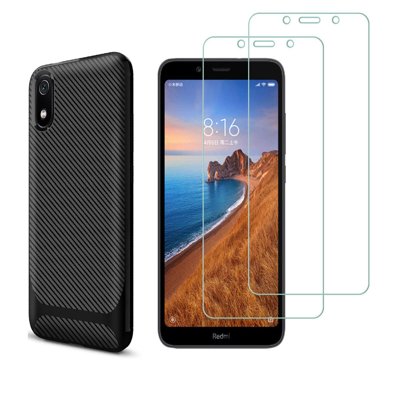 MISIDE Case for Xiaomi Redmi 7A Case,with Xiaomi Redmi 7A Screen Protector.3 in 1 Scratch Resistant Slim Shockproof Carbon Fiber Cover + 9H Tempered Glass Screen Protector (Black)