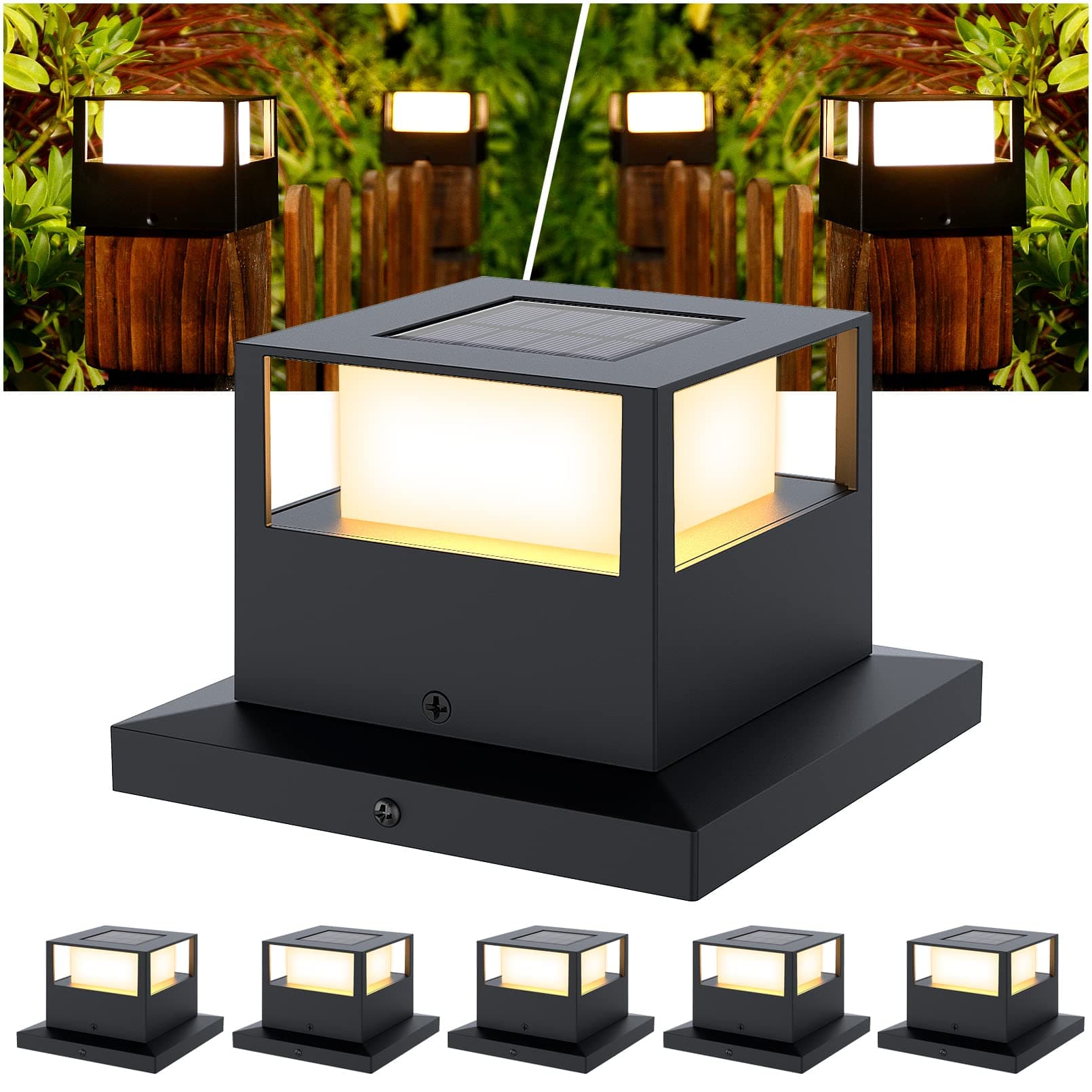 Icerona 6 Pack Solar Post Lights Outdoor Solar Post Cap Lights, 20 Lumen High Brightness Waterproof LED Fence Post Solar Lights with Base for 4x4 5x5 6x6 Wooden Posts,Black