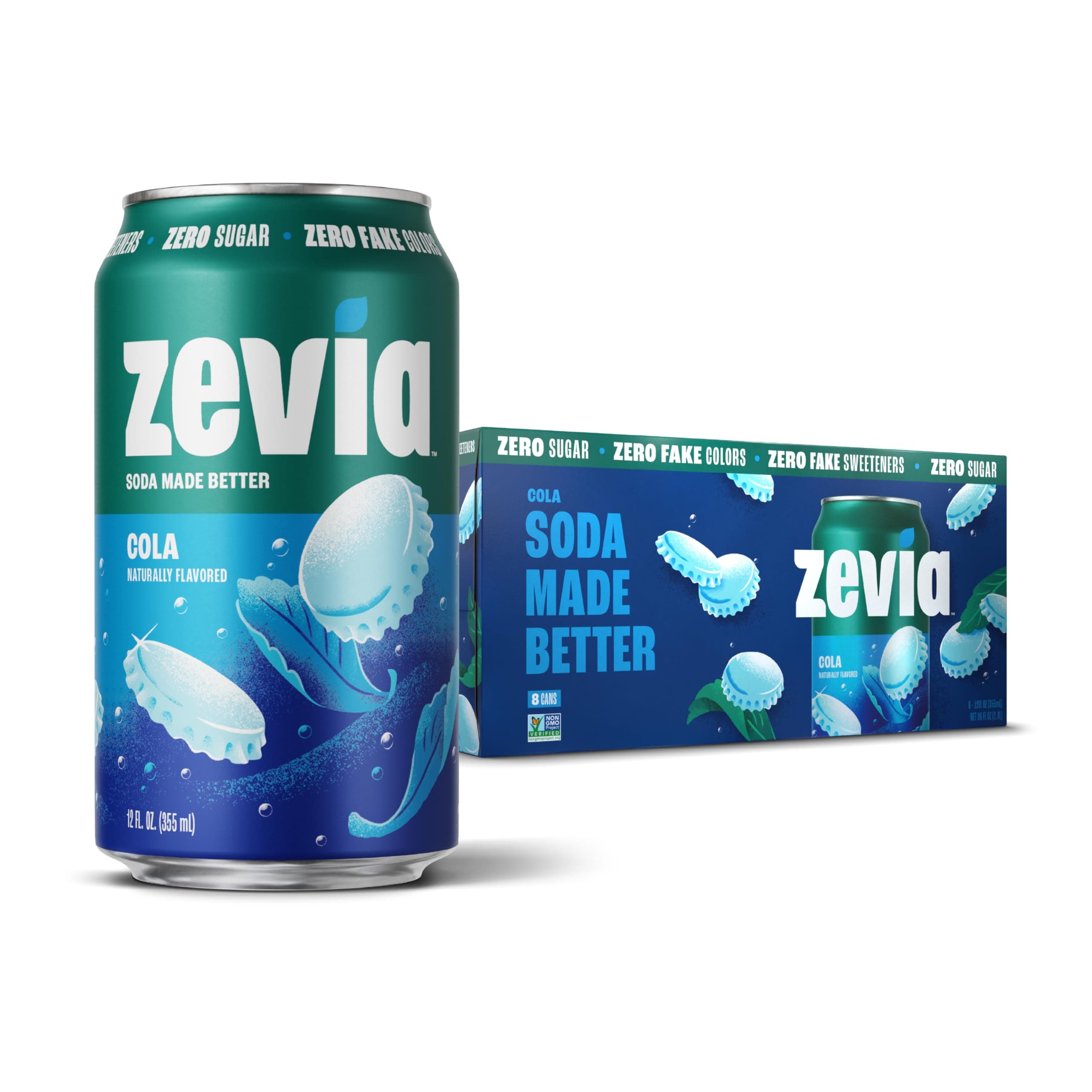 Zevia Zero Sugar Soda, Cola, 12 oz Cans (8-Pack) – Naturally Sweetened, Non-GMO Project Verified, Gluten-Free, Vegan