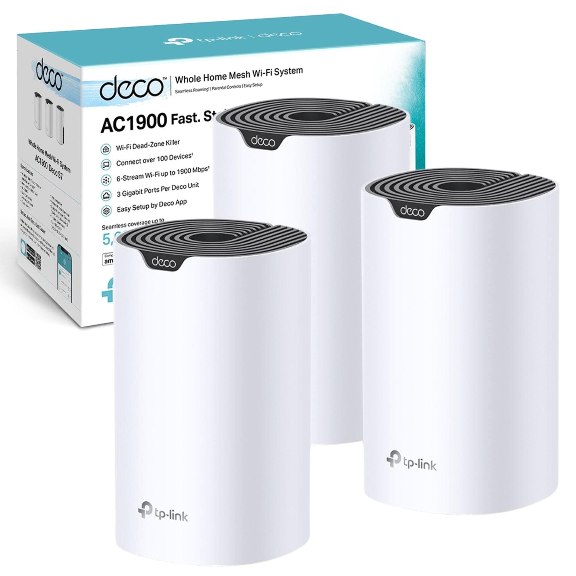Deco S7(3-pack) AC1900Mbps Whole Mesh WiFi System, Dual-Band WiFi Booster with Gigabit Ports, Coverage up to 5,600 ft2, Connect 150 devices, 1.2 GHz CPU, Work Amazon Alexa, Parental Controls