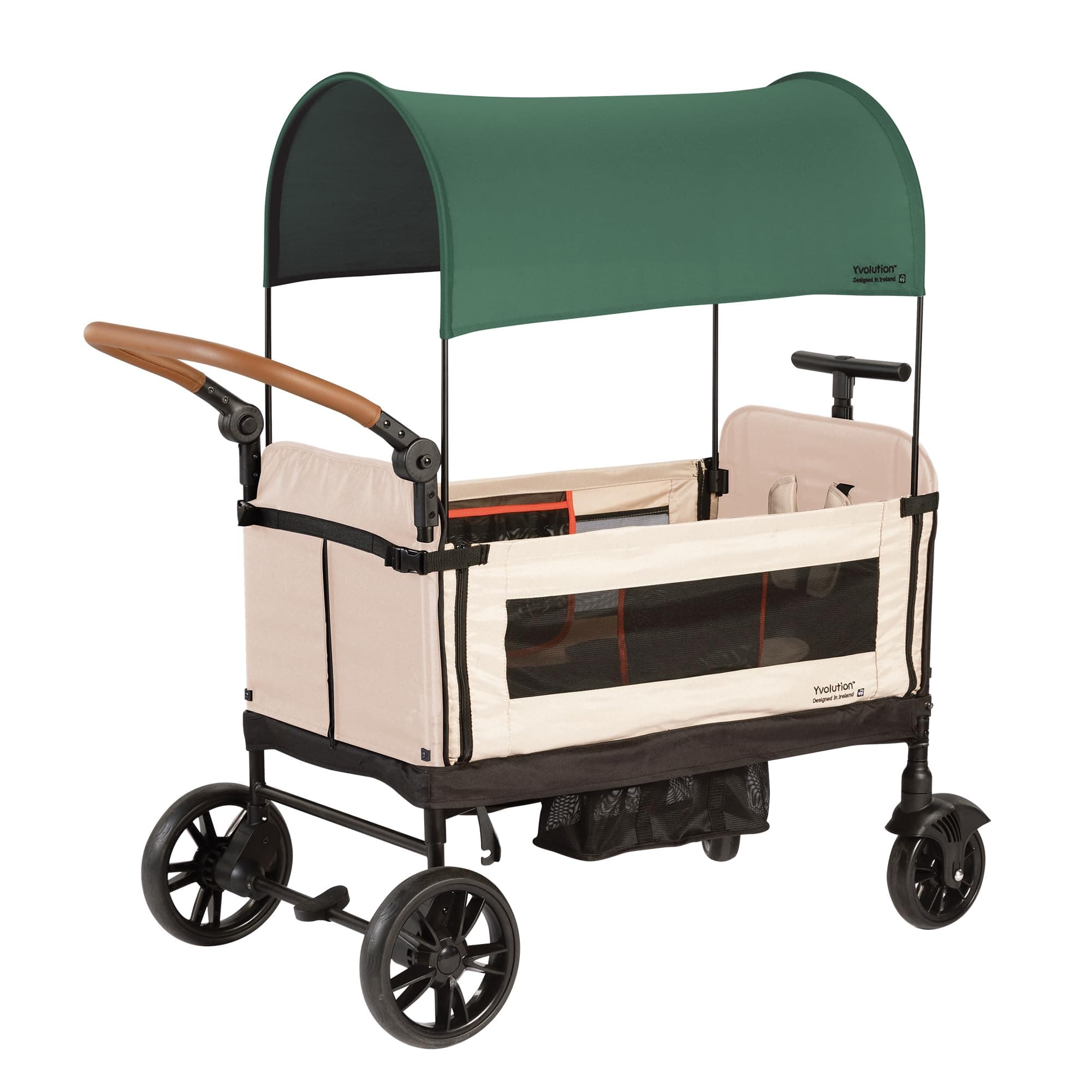 Yvolution Stroller Wagon with Green Canopy – 3-in-1 Push & Pull Wagon for Kids | Bench Seating, One-Hand Fold, 150 lb Capacity, Storage Pouch & Cup Holders (YW01G1)