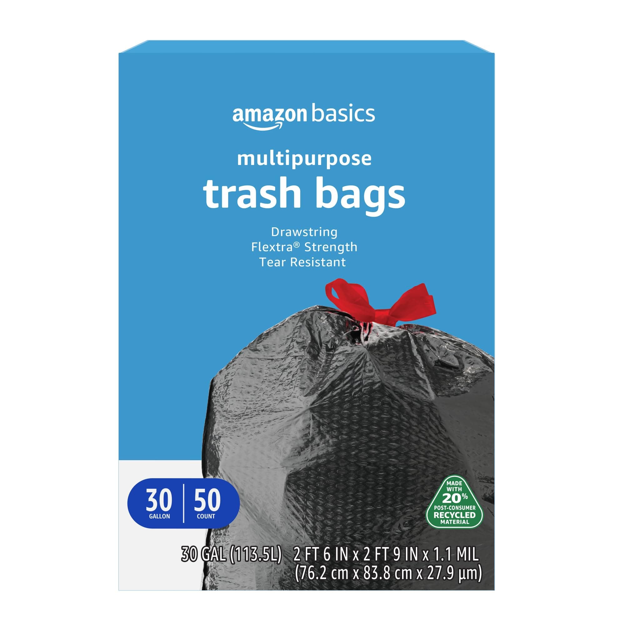 30 Gallon Flextra Strength Multipurpose Drawstring Trash Bags, 20% Post Consumer Recycled Material, Tear Resistant, Black, 50 Count