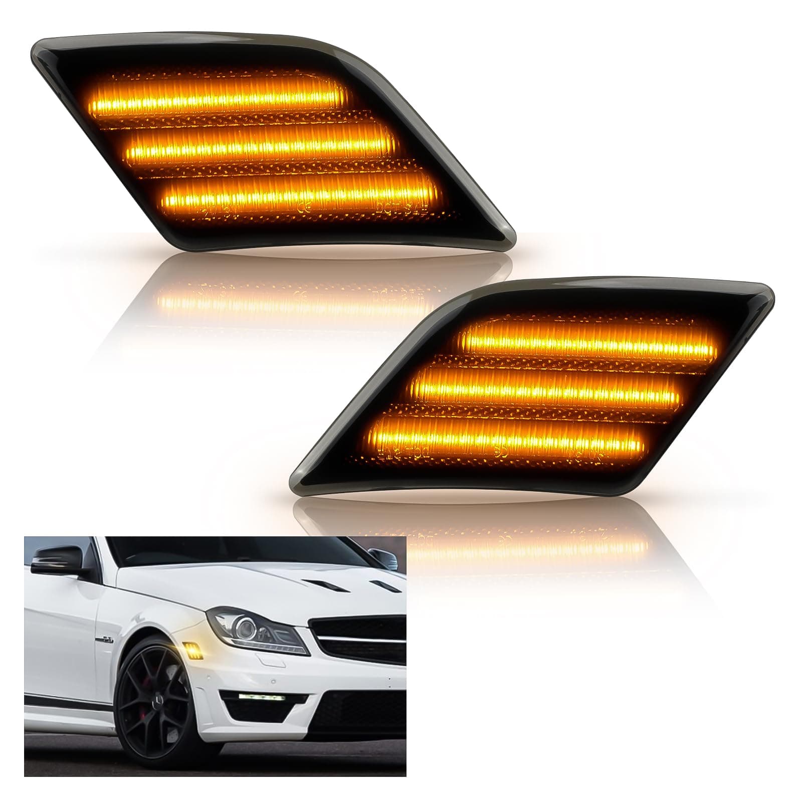 LED Side Marker Lights Compatible with 2008-2011 Mer'cedes Benz W204 C250 C300 C350 & 2008-2013 C63 AMG, Driver & Passenger Side, Smoked Len