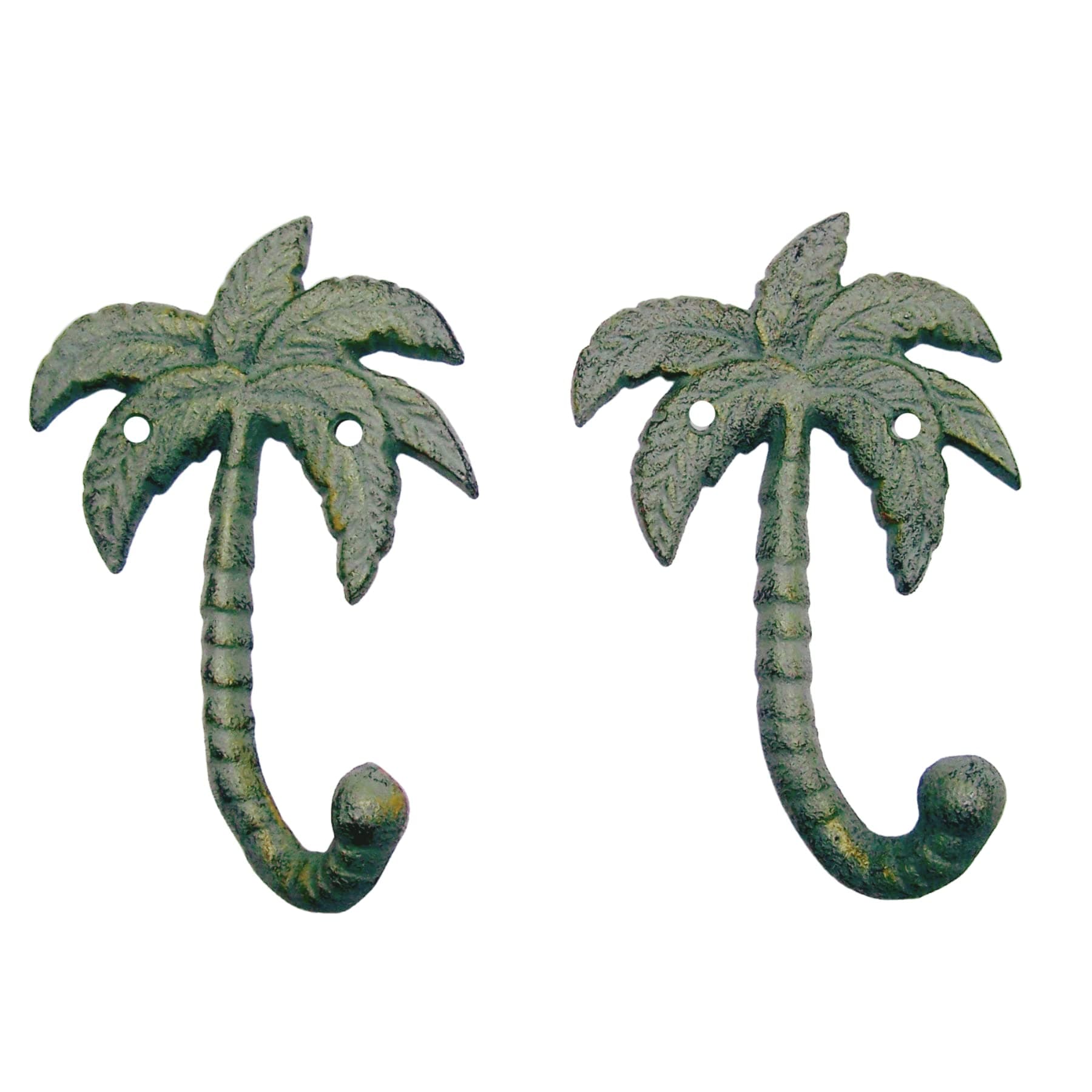 Palm Tree Cast Iron Wall Hooks, Wall Mounted for Hanging Coats, Purses, Towels, Hats, Beach Themed Wall Décor, Set of 2, 6.5 Inches High (Verdigras)