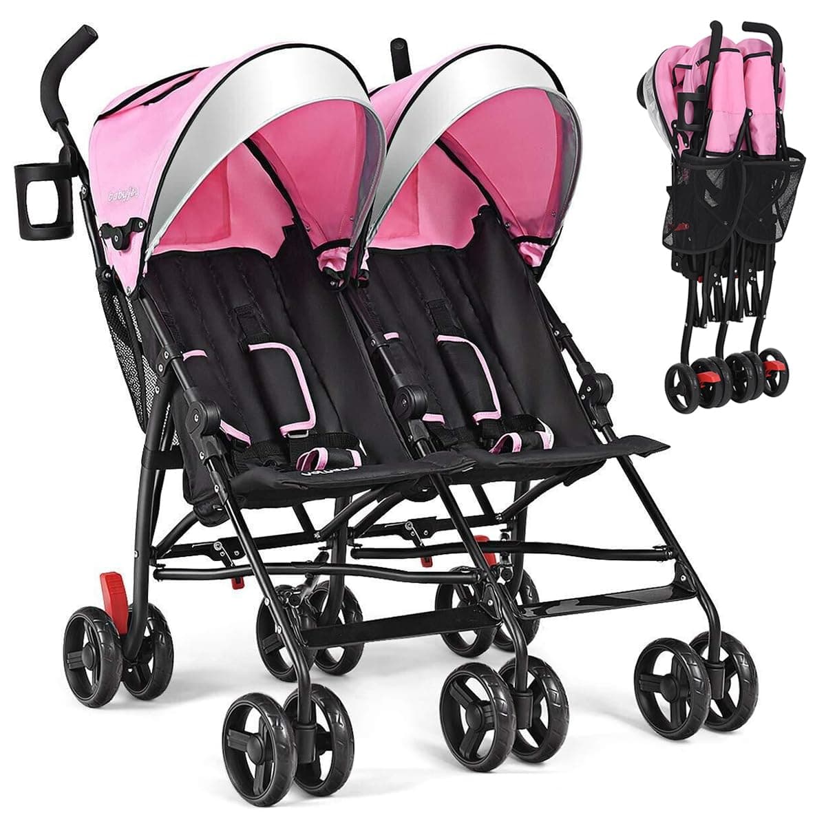 BABY JOY Double Umbrella Stroller, Lightweight Travel Side by Side Twin Stroller with Large Storage, Cup Holder, 5-Point Safety Harness, Adjustable Canopy & Compact Fold for Infant and Toddler (Pink)