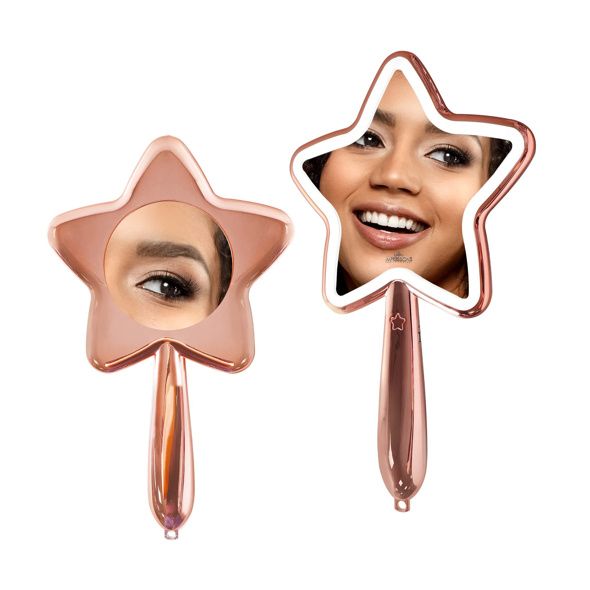 Impressions Vanity Starlet LED Handheld Makeup Mirror with Adjustable Dimmable Brightness, Travel Vanity Mirror with 5X Magnifying Mirror (Rose Gold)