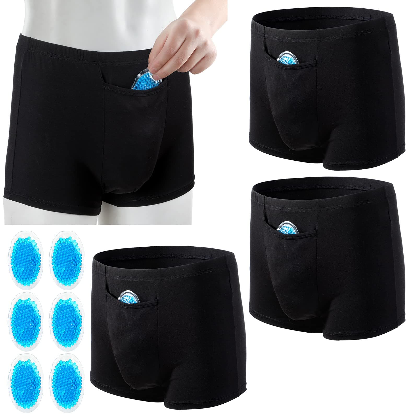 Sintege 9 Pcs Vasectomy Underwear Set Include 3 Pcs Black Men Vasectomy Underwear and 6 Pcs Cold Pack, Breathable Briefs Vasectomy Gifts for Men Jock Testicular Support Pain Relief (L Size)