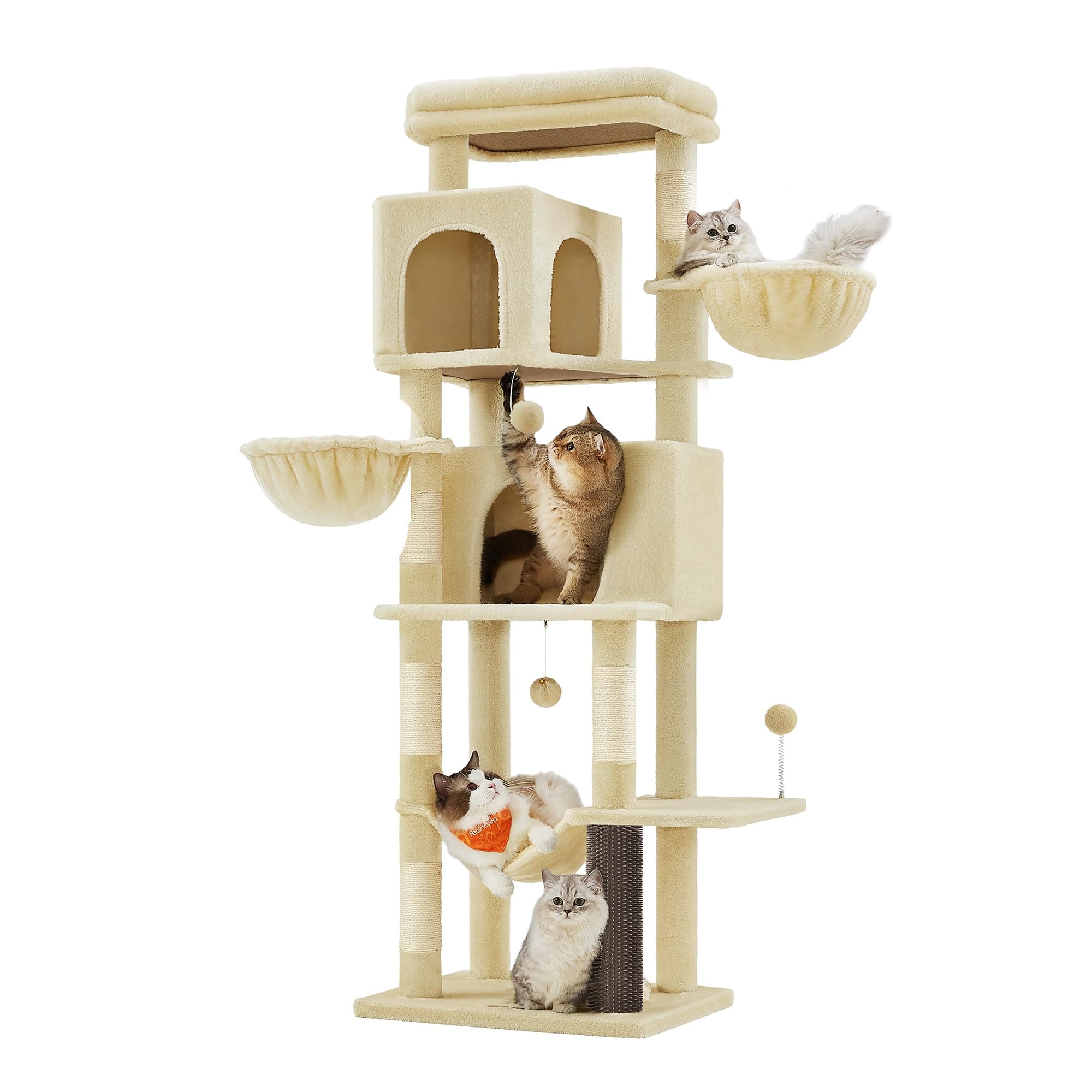Cat Tree, 69-Inch Tall Cat Tower, Multi-Level Plush Condo with 2 Caves, 2 Baskets, 5 Scratching Posts, Self-Groomer, Perch, Hammock, Sand Beige UPCT182Y01