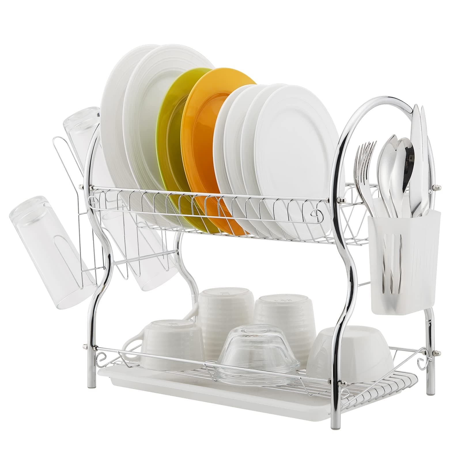 ALHAKIN Dish Drying Rack, 2 Tier Dish Rack with Drain Board Kitchen Organizer, Chrome