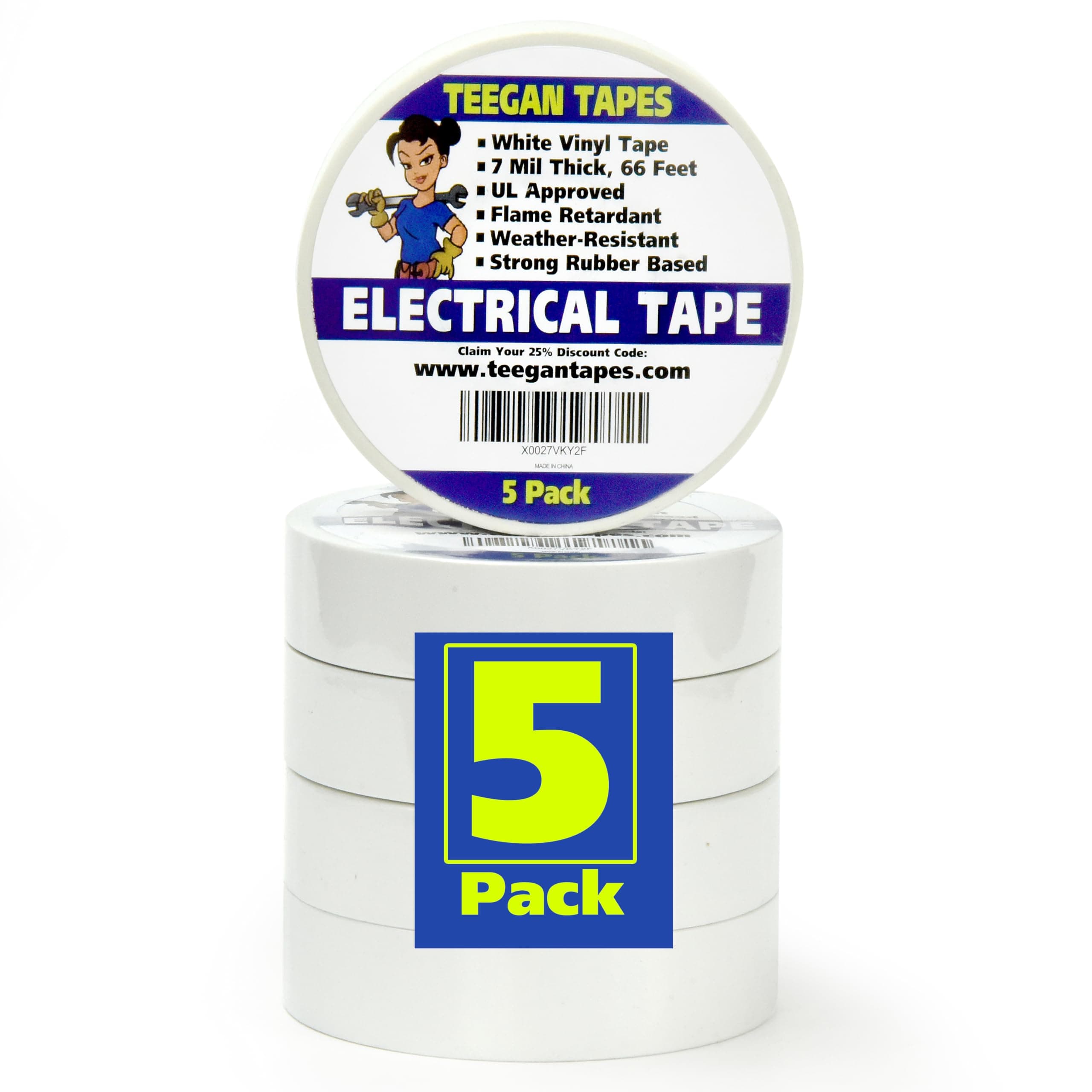 Gaffer Power White Electrical Tape 3/4 Inch – 5-Pack Vinyl Insulation Tape | Flame Retardant, Rubber-Based | Strong, Durable White Electrical Tape for Wires & Cables | 7 Mil, 66' Rolls