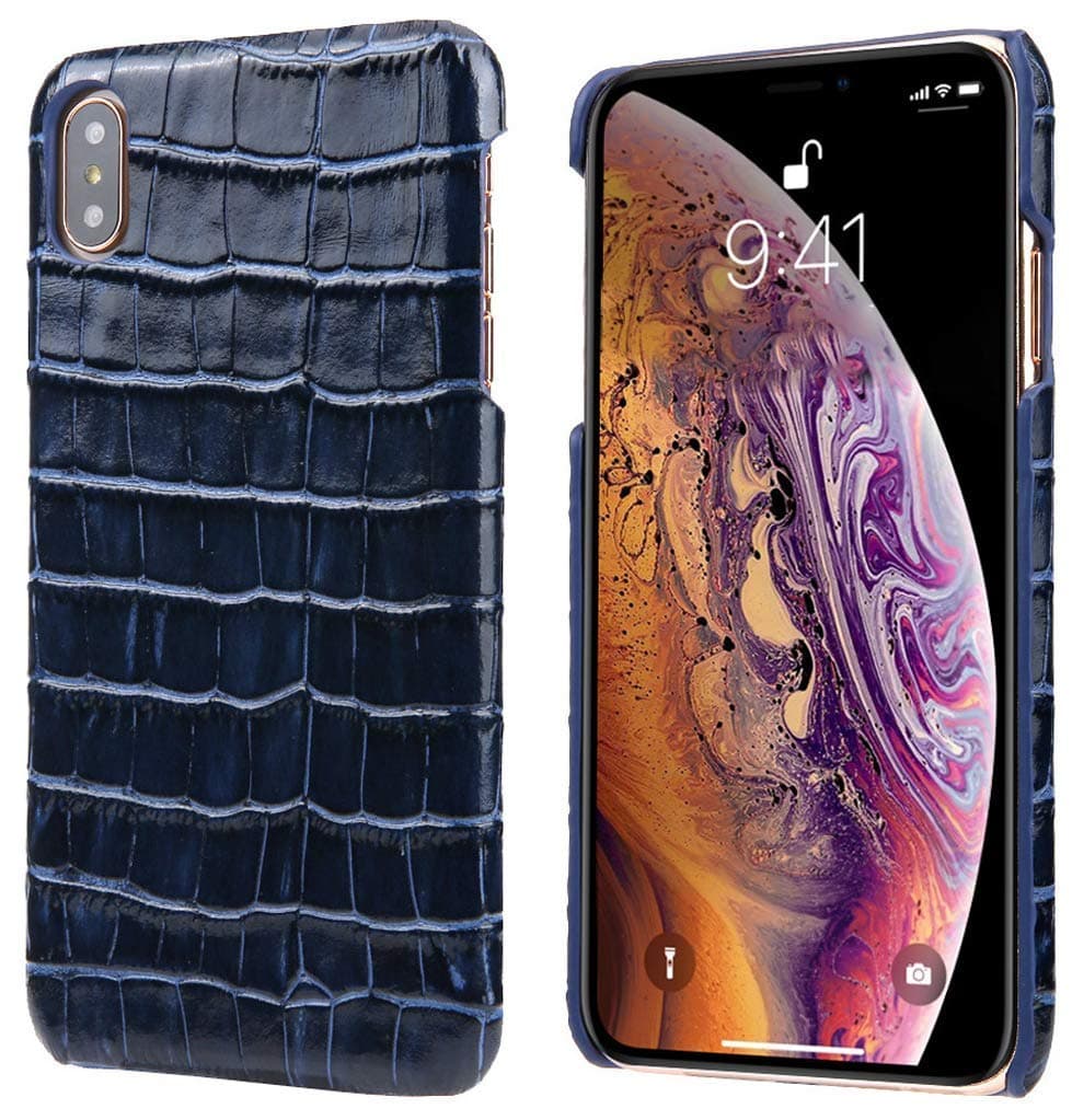 Reginn Wireless Charging Compatible Slim Fit Genuine Leather Case for iPhone Xs Max (Crocodile Pattern, Blue)