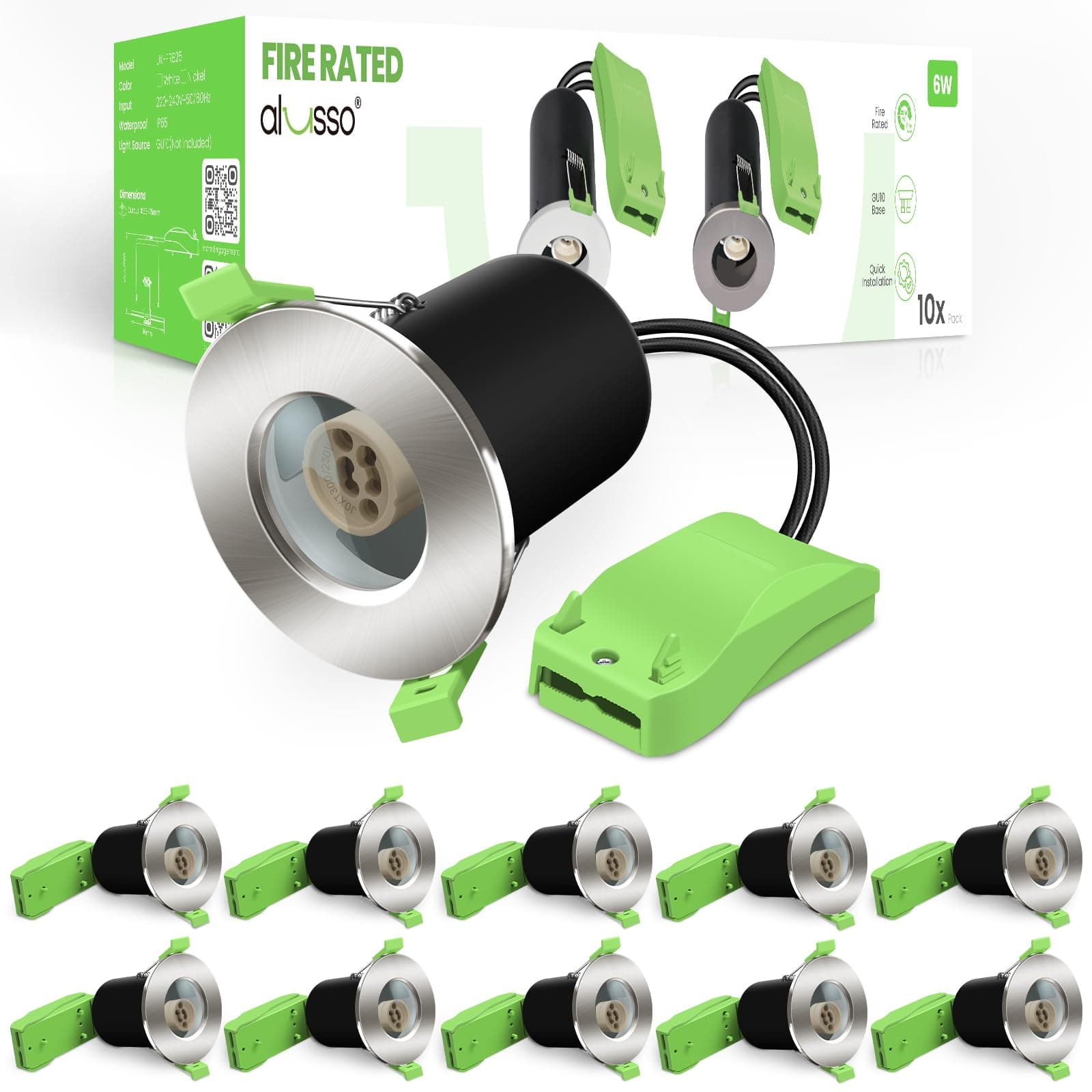 LED Fire Rated Downlight Can GU10 Recessed Ceiling, Twist & Lock Downlight IP65 Waterproof Spotlight, Face Ring with Glass Stopper, for Bathroom, Kitchen, Nickel, 10pack (Not Included Bulb)