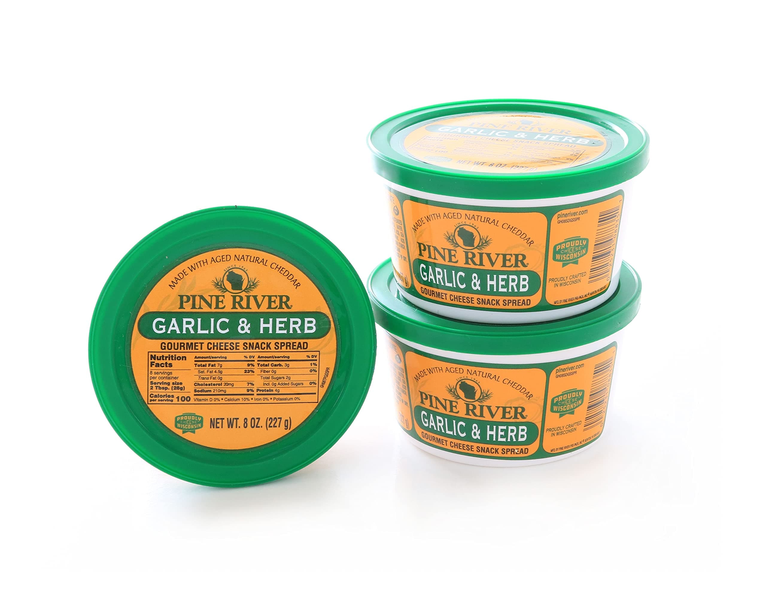 Pine River Cheese Spreads 3-Pack | Garlic & Herb | (3) 8 oz tubs | SHELF-STABLE | Earthy, Zesty & Creamy Authentic Wisconsin Pub Cheese Spread