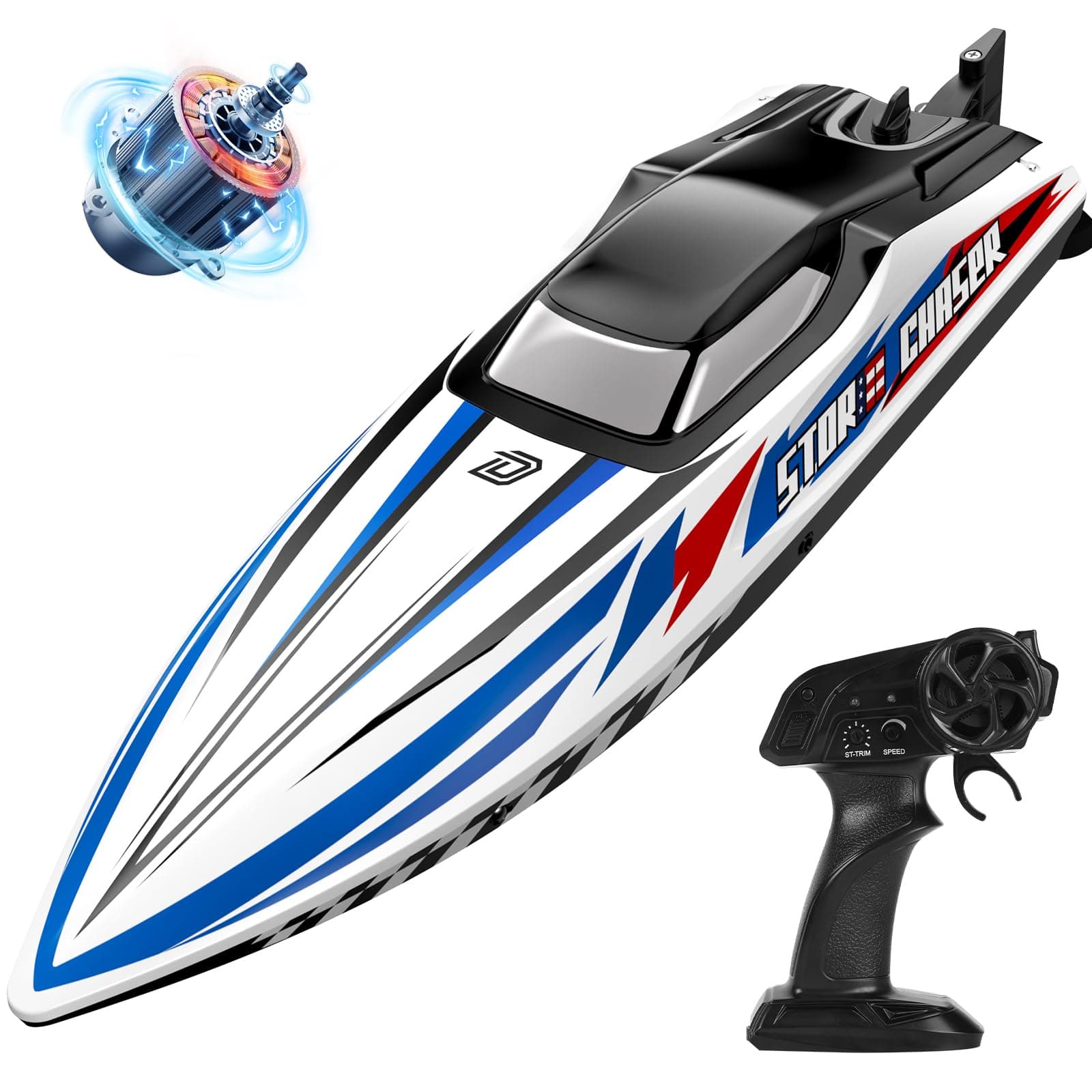 DEERC Fast Brushless RC Boat, 35KPH 3S Remote Control Racing Boats with Metal Servo & LED Light, Capsize Recovery,2.4Ghz Speed Boat for Adults, Summer Pool Toy Gift