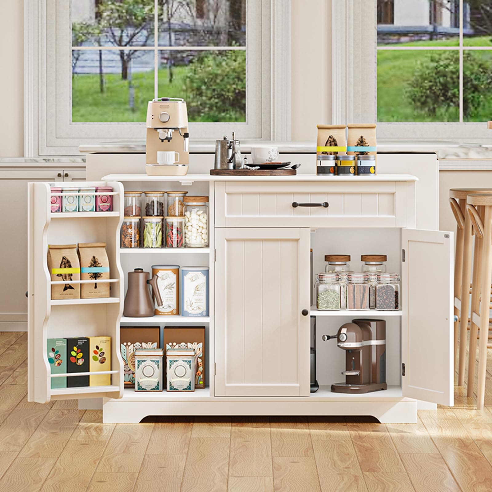 Gizoon Kitchen Coffee Bar Cabinet with Storage Kitchen Sideboard Buffet Cabinet with Drawers, Short Pantry with Door and Shelves for Bathroom and Living Room, White