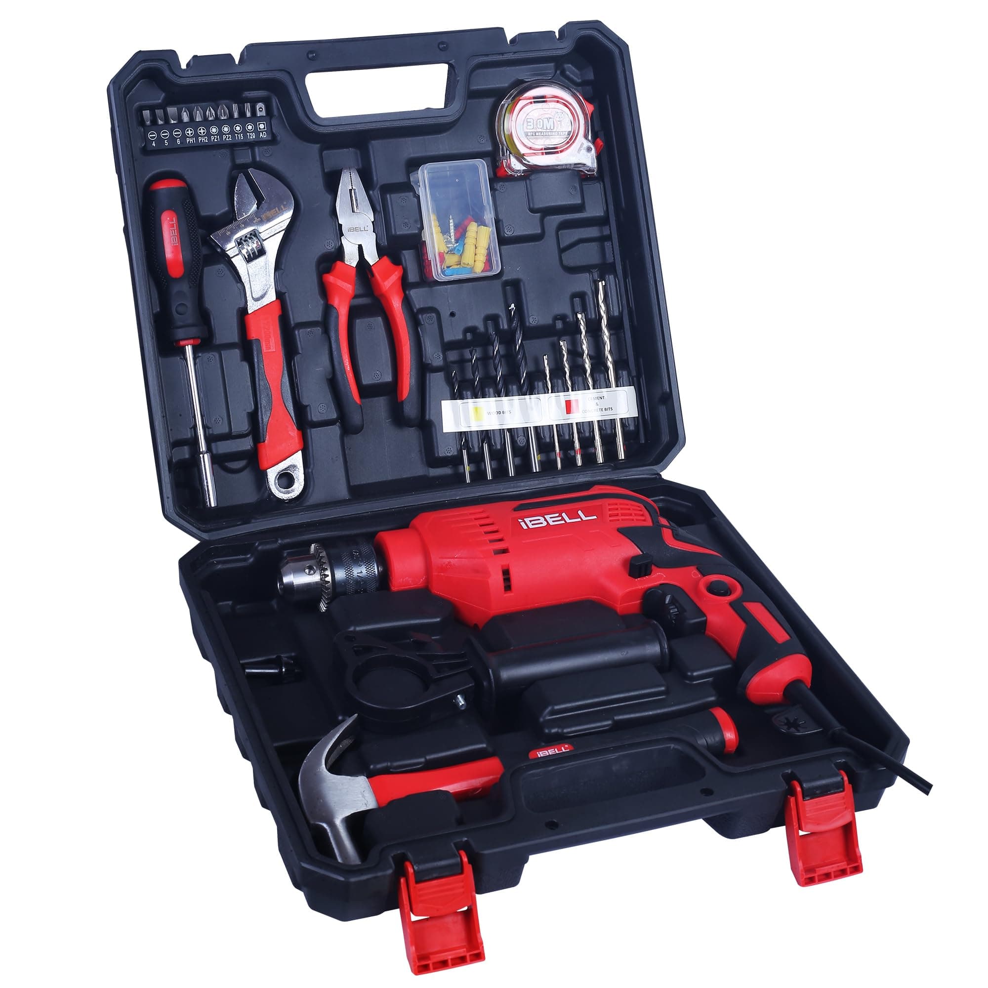 - iBELL Professional Tool Kit with Impact Drill TD13-85, 650W, Copper Armature, Chuck 13mm, 59 Home Essential Tools/Accessories with RED/BLACK BMC box.