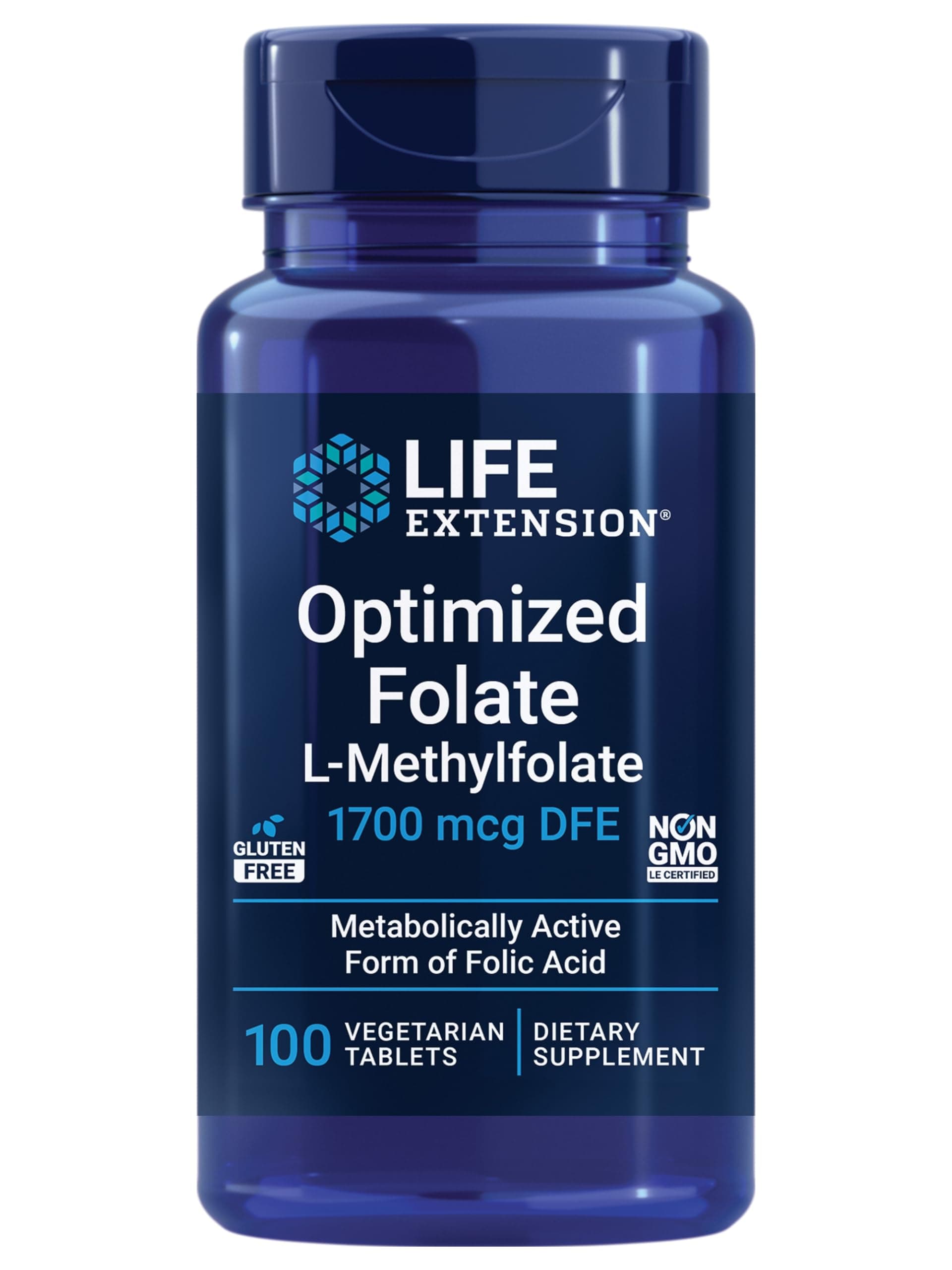 Life Extension Optimized Folate – L-methylfolate – Heart & Brain Support, Healthy Homocysteine Levels – Non-GMO, Gluten-Free, Vegetarian – 1700 mcg DFE, 100 Vegetarian Tablets