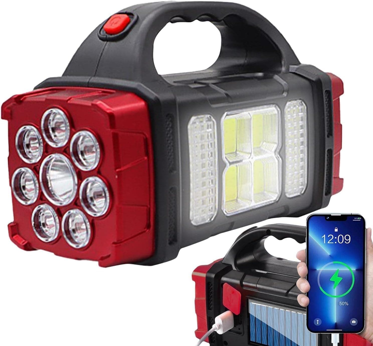 AARKRI SALES Rechargeable Camping Lantern led Flashlight - 4 Light Modes, Super Bright Spotlight with Solar Panels, 7 Modes, High Lumens, Ideal for Hiking, Camping, Outdoor & Emergency Use (Red)