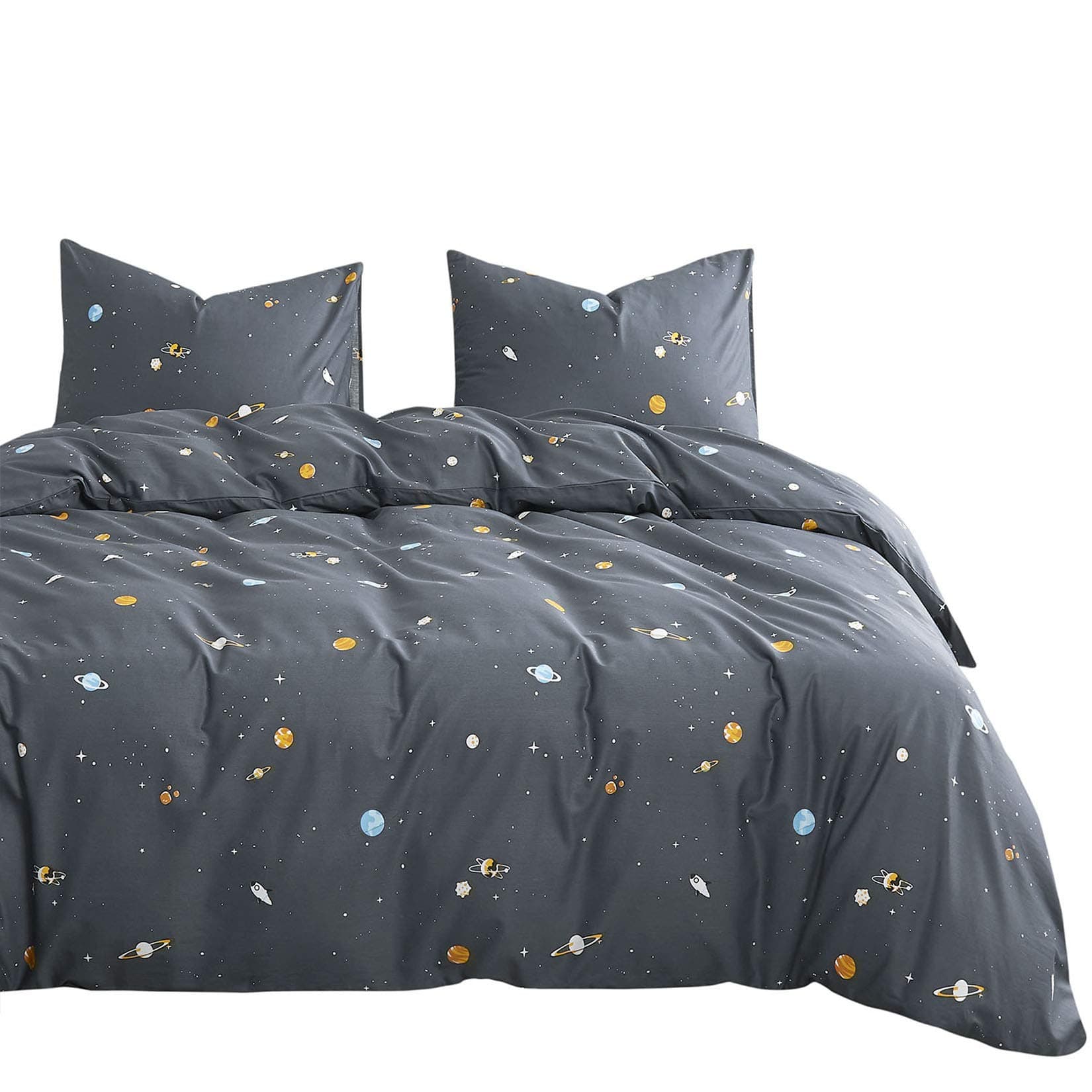 Wake In Cloud - Space Comforter Set, 100% Cotton Fabric, Constellation Cute Star Rocket Astronaut Themed for Teen Kids Boys, 3 Pieces Bedding Set, Gray, Queen Size