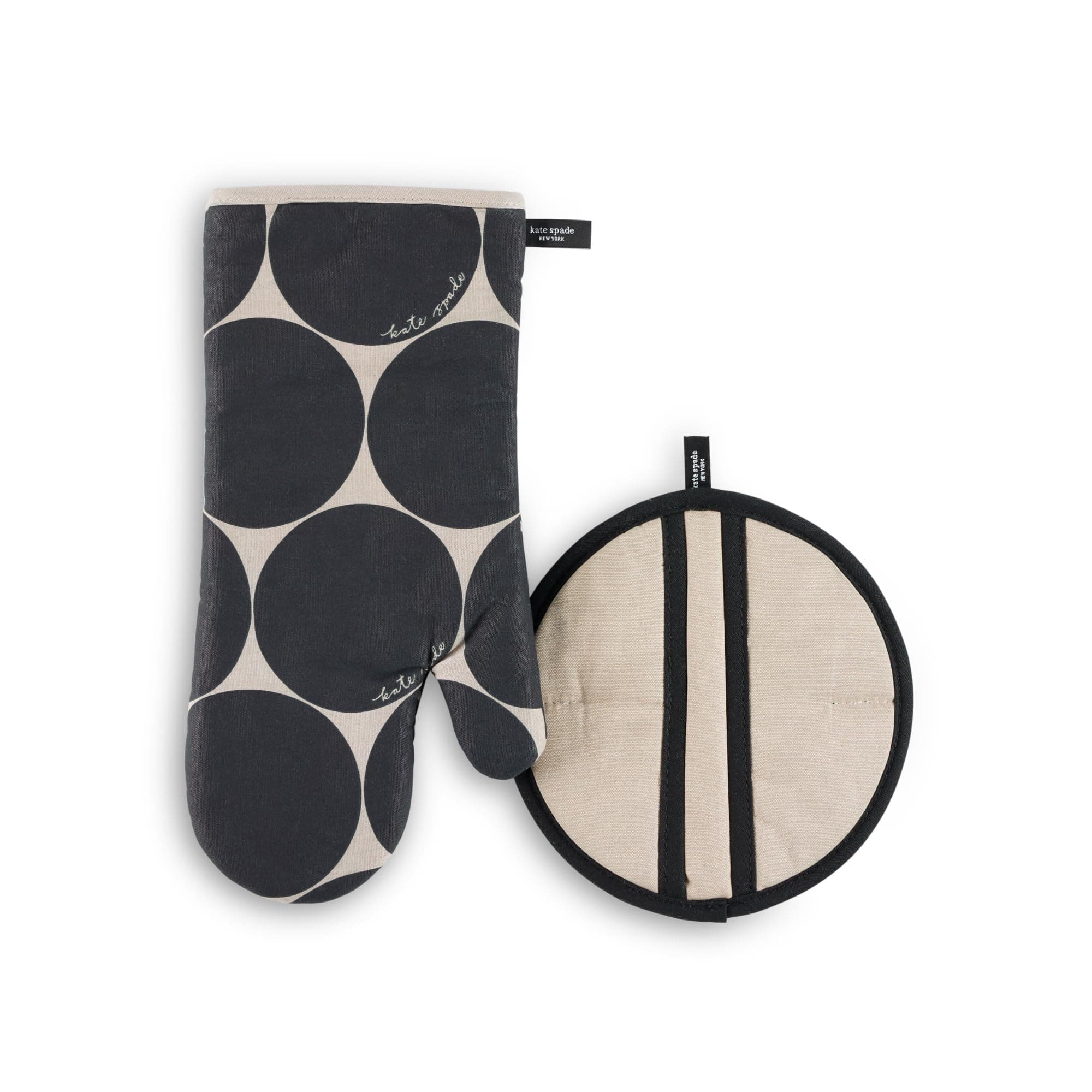 Joy Dot Oven Mitt & Pot Grabber 2-Pack Set, 7" x 13", 8" Round, Black/Beige