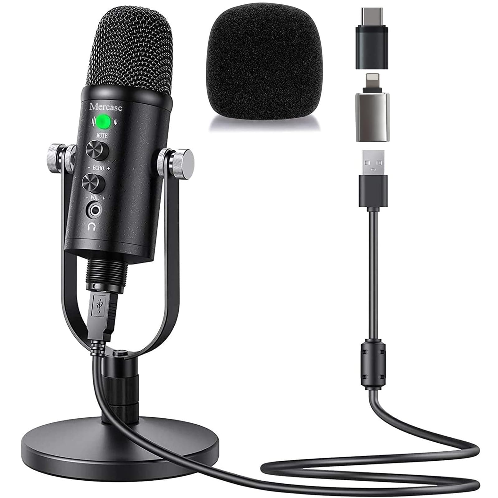 Mercase USB Microphone, Condenser Microphone for Mac,Computer, Phone,PS4 and PS5, with Mute Button,Plug & Play,Cardioid Pickup,Volume Control for Podcast, Recording, Sing, ASMR