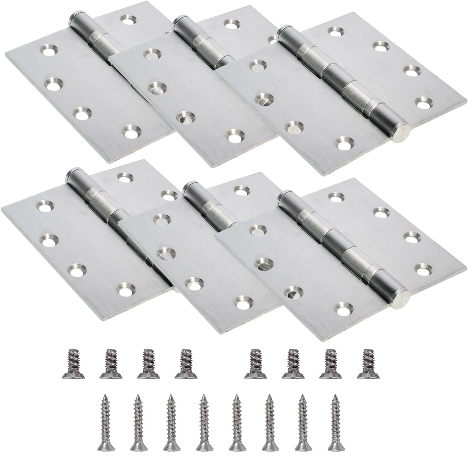 6-Pack 4.5 inch X 4.5 inch Heavy Duty Commercial Door Hinge Thickened, with Silent Steel Plain Ball Bearing, Thickness 3 mm Stainless Steel Door Hinges, Square Corners with 48 Screws, Silver