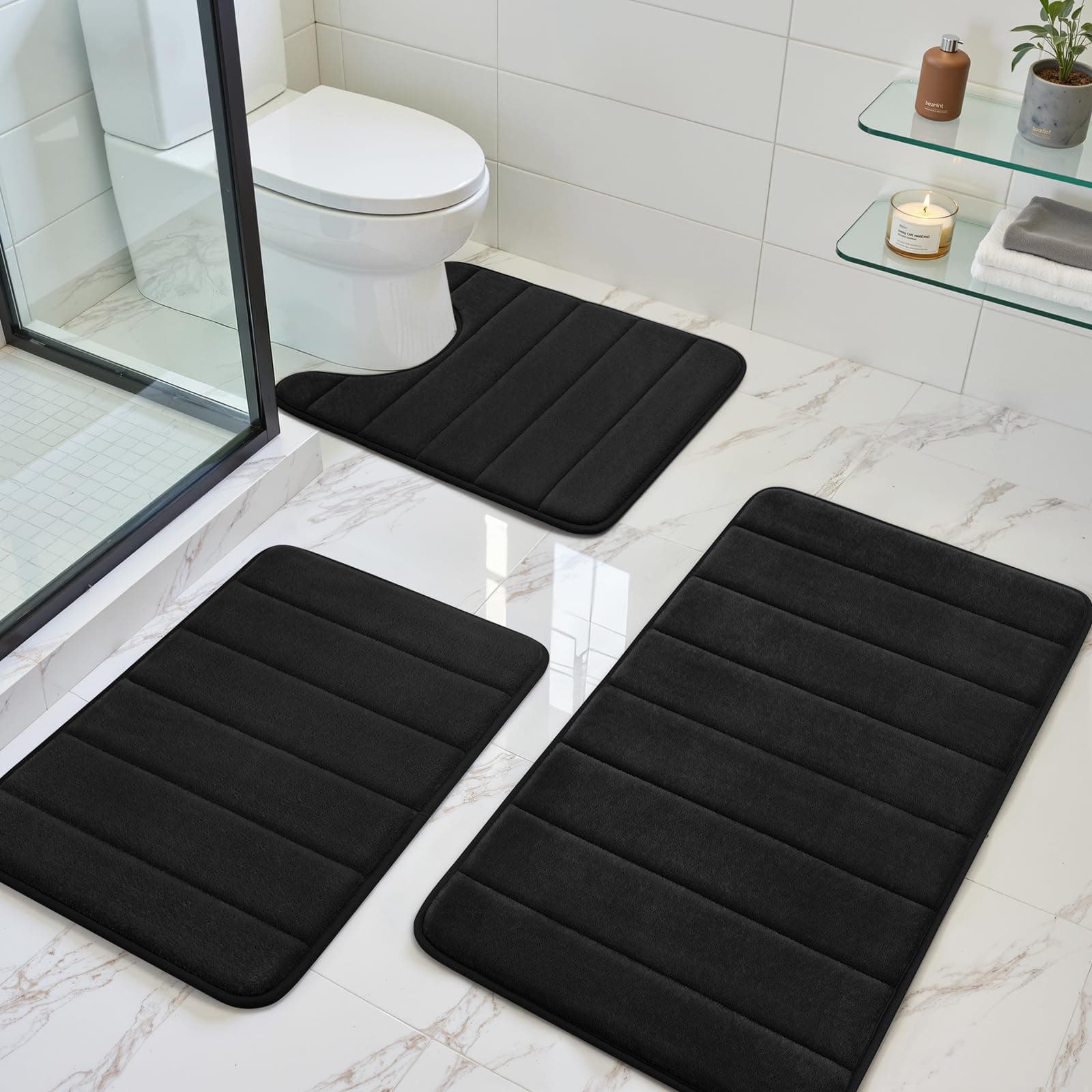 BYSURE Black Memory Foam Bathroom Rug Set 3 Piece, Non Slip Extra Soft Absorbent Washable & Dry Toilet Bath Mat Sets