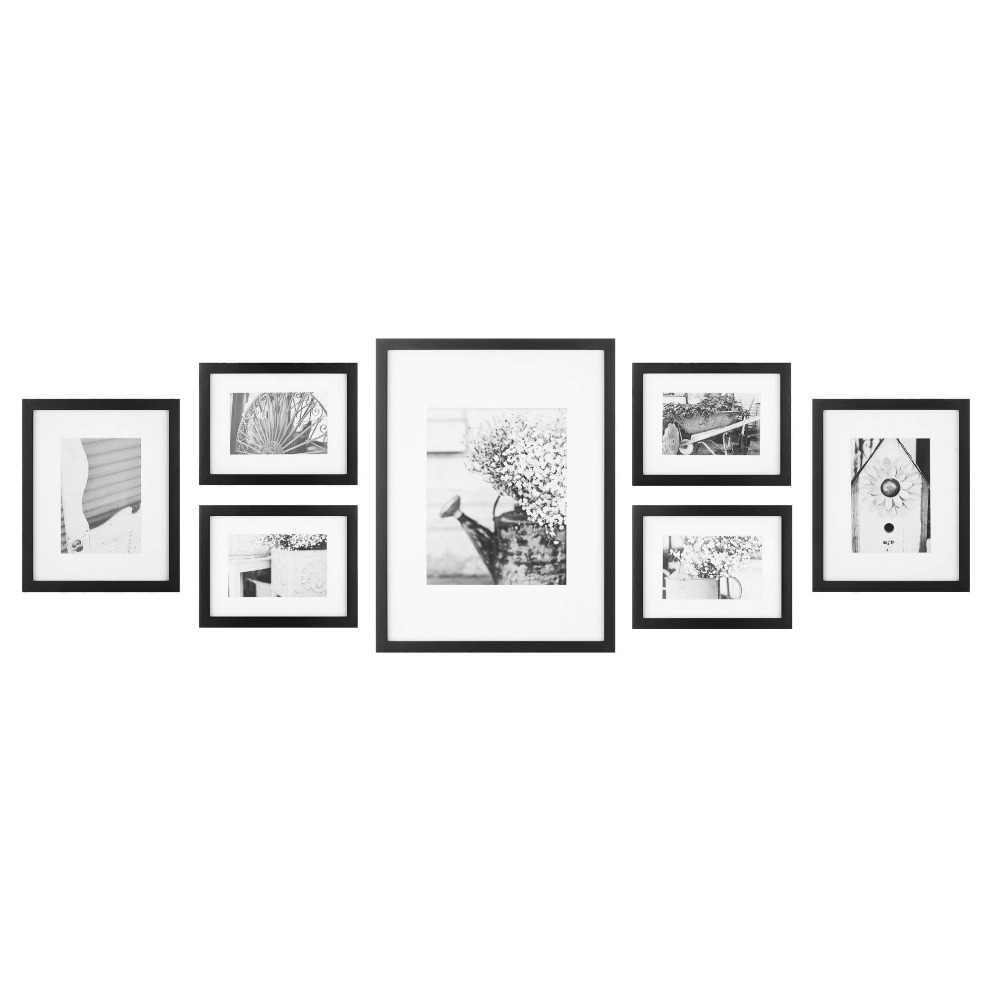Gallery Perfect Multi-Size Picture Frame Set 7 Pack, Black Gallery Wall Frames with Hanging Hardware, Clear Glass - One 12x16, Two 8x10, Four 6x8 Matted Photo Frames for Wall Display