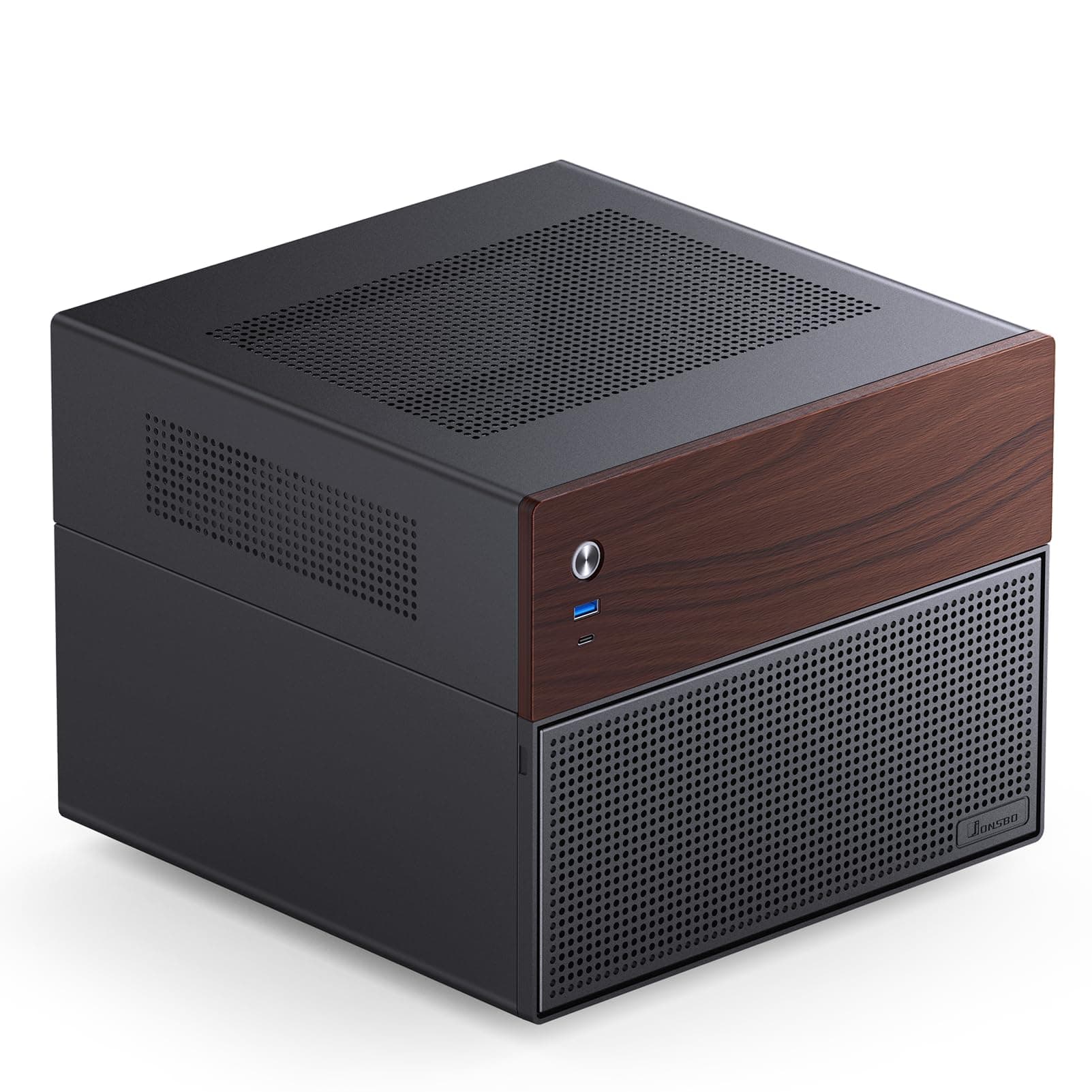 N4 NAS Case for PC Walnut Wood 8 HDD/SSD (4 Hot-Swapped, 2 Non-Hot-Swap), 2 x 2.5 SSD, Micro ATX/ITX, USB3.2 Gen2 Type-C, 120mm Fan, Black