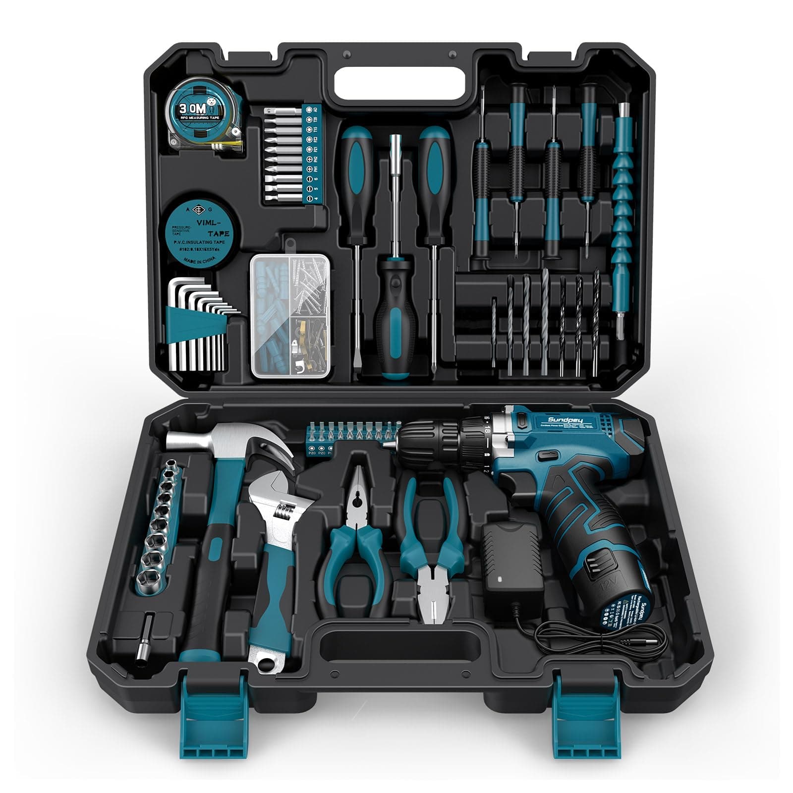 Home Tool Kit 206-PCs - Household Tool Set with 12V Cordless Electric Screwdriver Drill Set - Portable Starter Power Tool Combo Kits - Basic General Homeowner Tool Box for Men & Women for Home