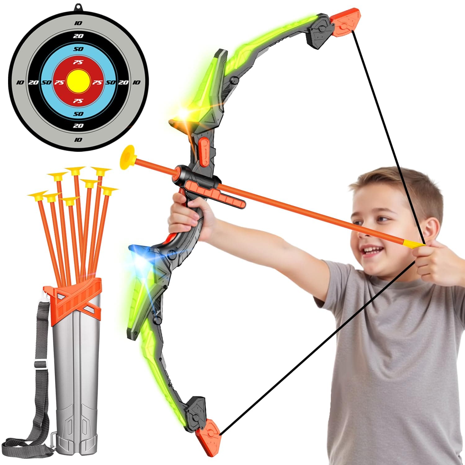 Bow Arrow Set for Kids, LED Light Up Archery Set Toys with 10 Arrows, Indoor Outdoor Shooting Games Hand-eye coordination Birthday Gifts for 6 7 8 9 10 11 12 13 14 Year Old Boys Girls