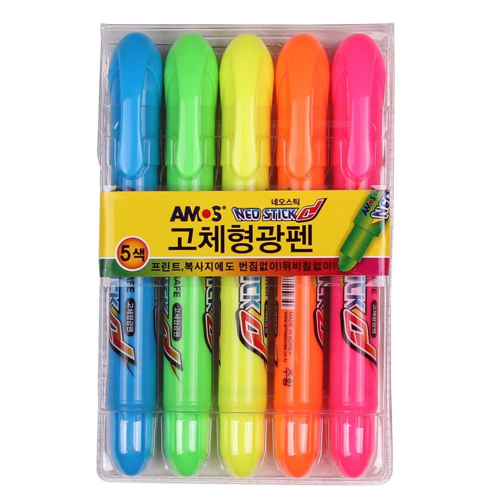 Amos Neo Stick Dry Highlighter Ink Jet Safe, Solid Highlighter - 5 Colors Sets