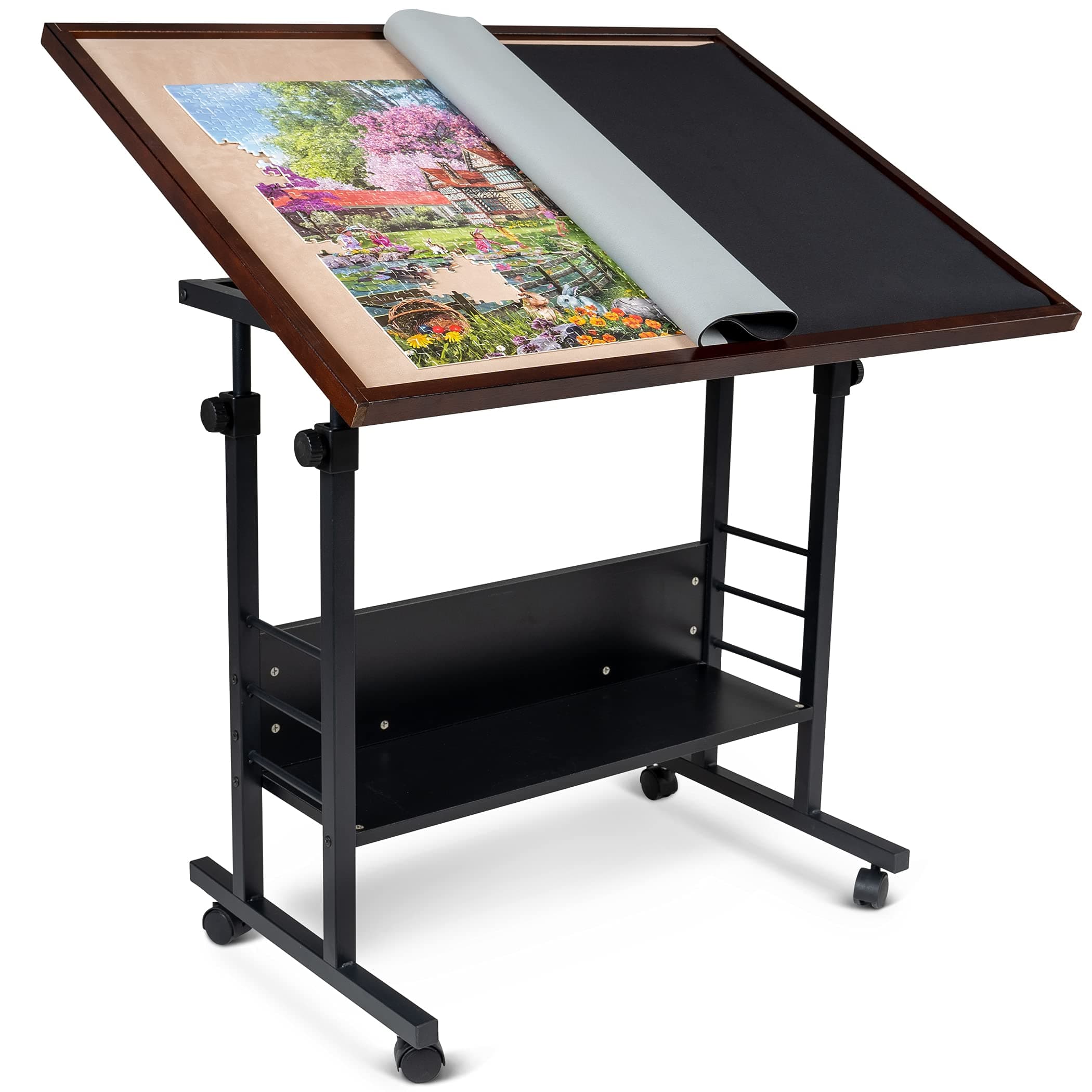 Becko US Jigsaw Puzzle Play Table Tilting Table with Height Adjustment for Up to 1500 Pieces, Enclosed with 4 wheels