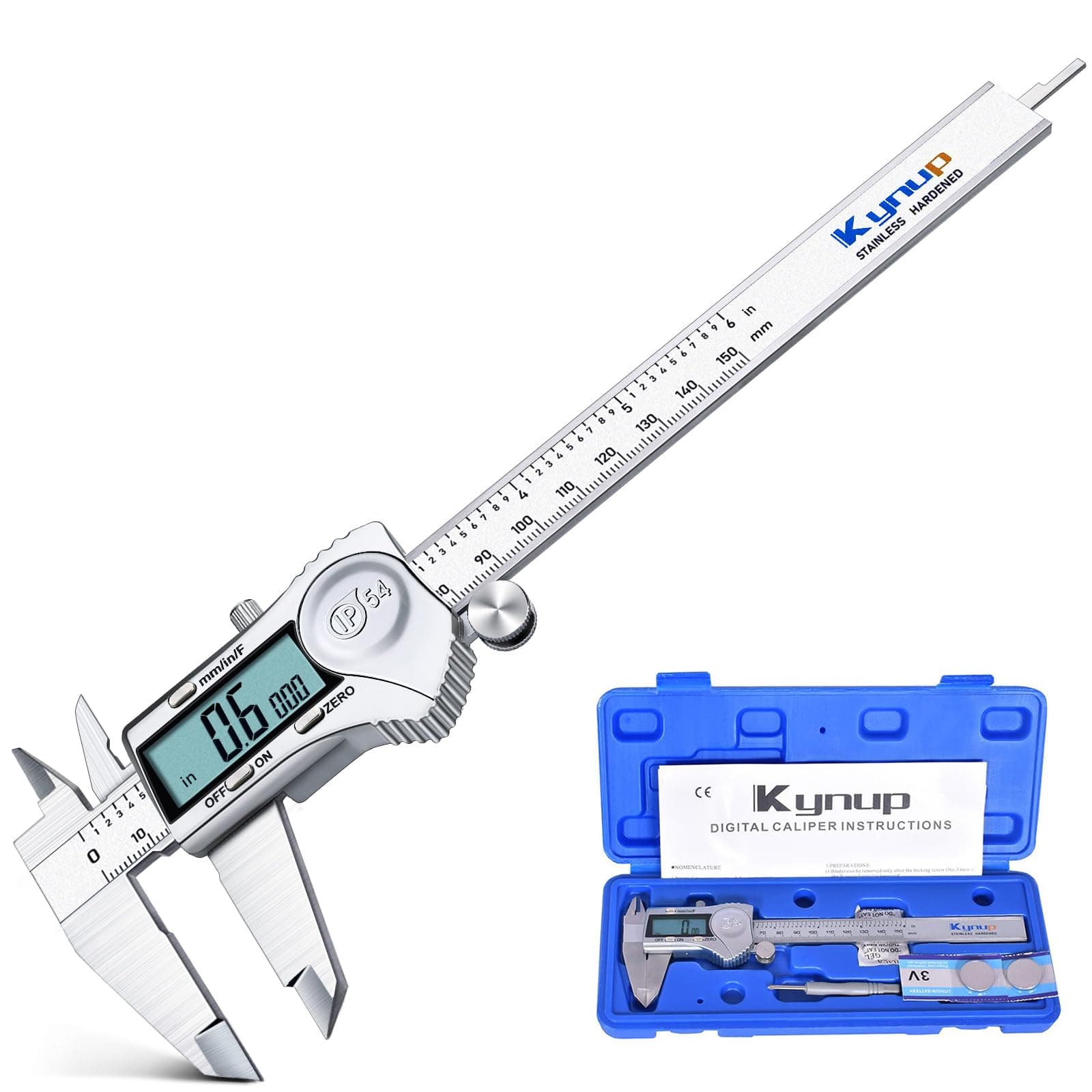 Kynup Digital Caliper, Caliper Measuring Tool Outside Micrometer, Vernier Dial Caliper, 6 Inch Caliper DIY Tool, Stainless Steel, IP54 Splash Proof, Inch Metric Fraction Switch, Large LCD Screen
