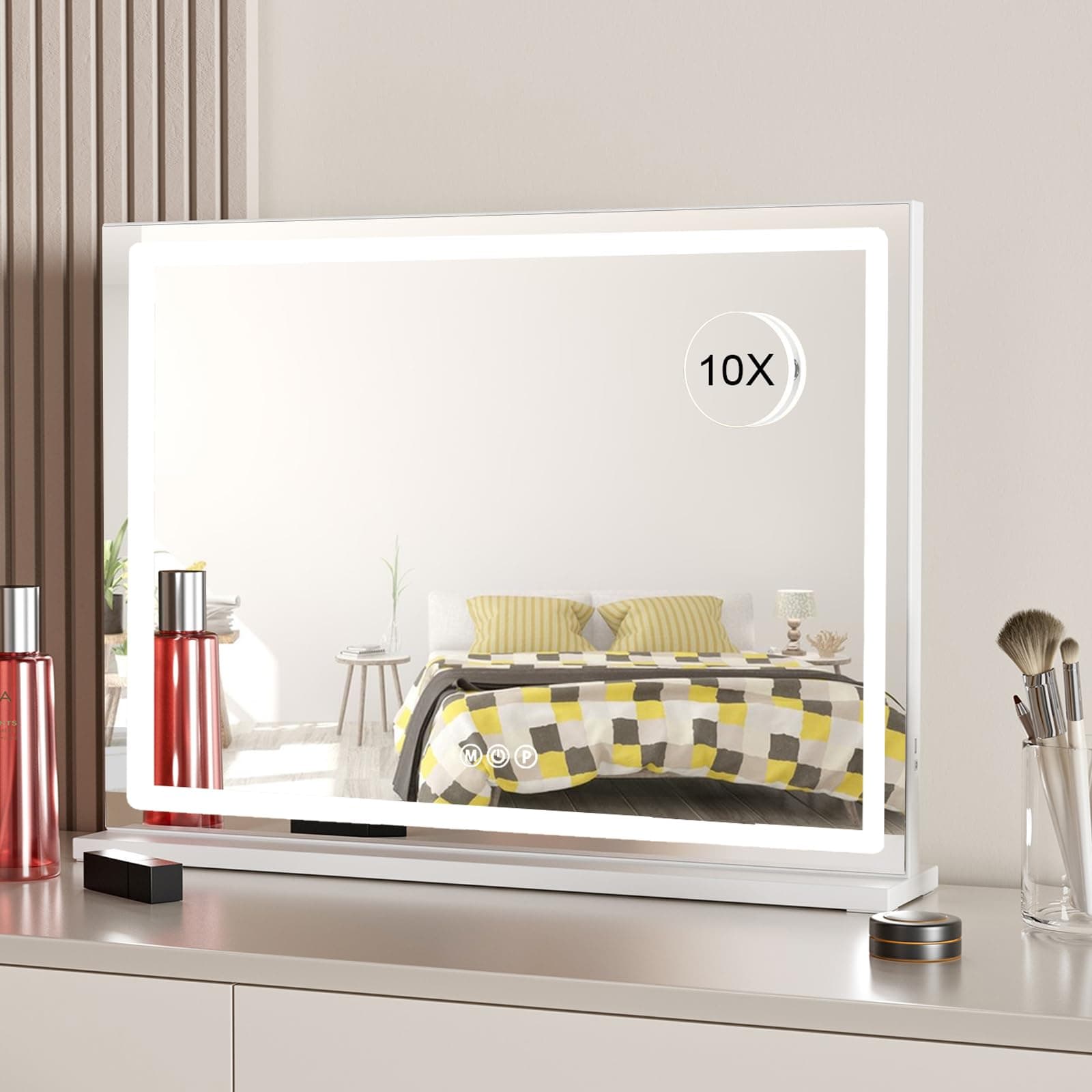 Hollywood Vanity Mirror with Lights, 10X Magnification Lighted Makeup Mirror with USB Charging, 3 Color Lighting Modes, Light Up Mirror for for Vanity Desk Tabletop, Touch Control, White