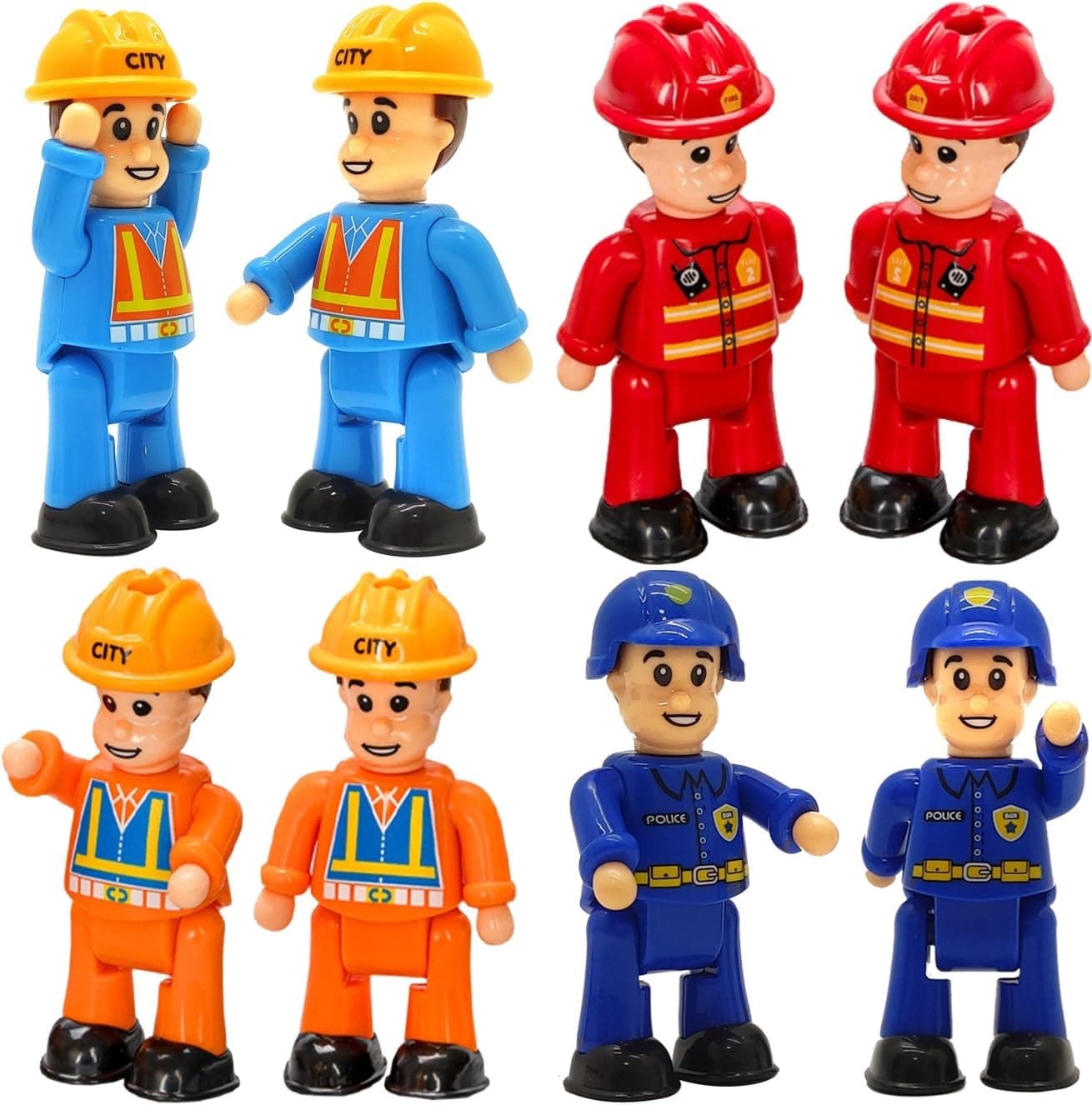 FUNERICA 8-Set Bendable Play People Figures for Kids - Firefighters, Police Officers, Construction Workers, Sanitation and Community Helpers Figurines