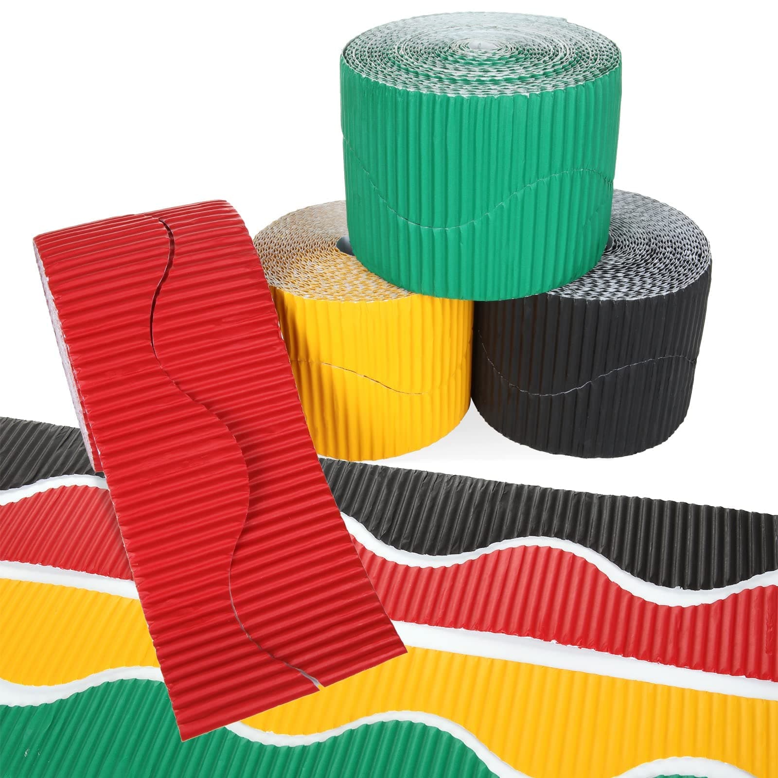 MAKINGTEC 4PCS Corrugated Border Rolls, Adhesive Bulletin Board Border Trim, for School Displays, Classroom Decorations and Bulletin Boards - Red, Yellow, Green, Black, 5cm x 7.5m