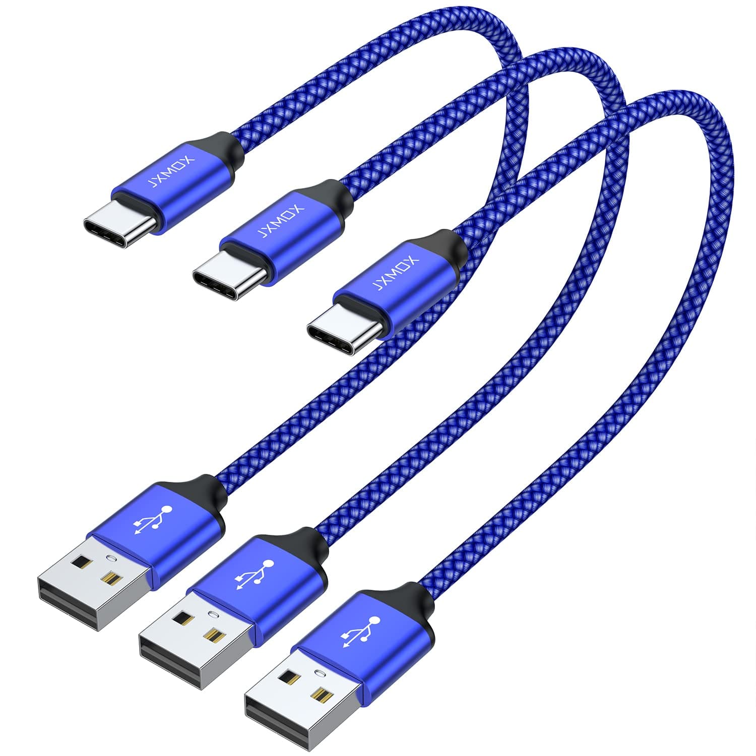 JXMOX Short USB C Cable (1ft 3-Pack), USB A to Type-C Charger Cord 3.1A Fast Charging Compatible with iPhone 15 16 Pro Max, Samsung Galaxy S22 S21 S20 S10 S9, Note 10, A80 A70 A50, Power Bank (Blue)