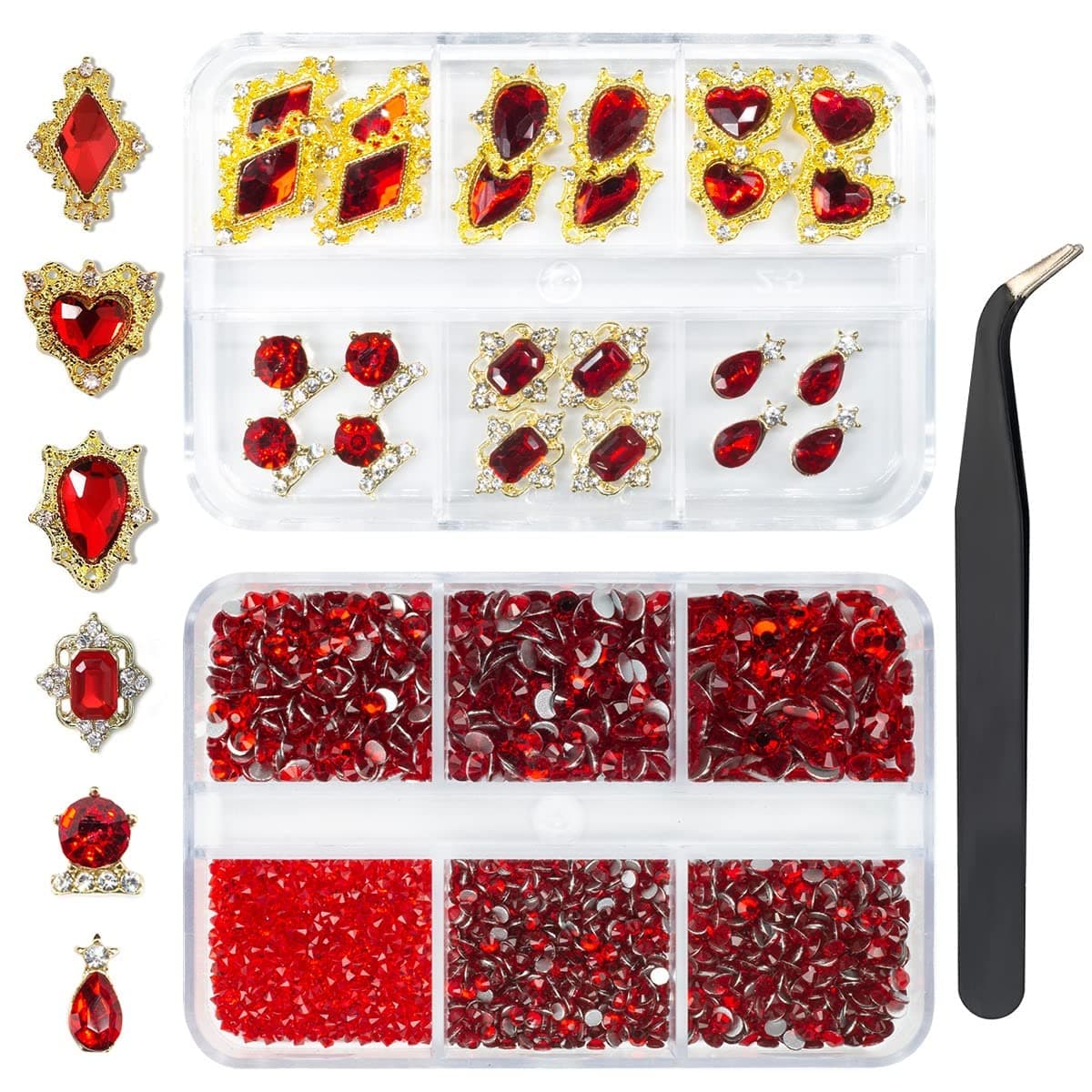 24pcs Red Luxury Nail Charms +2000pcs Ruby Red Rhinestones 3D Big Nail Gems K9 Glass Nail Crystals Diamonds Jewelry Stones Alloy Nail Art Studs Decor Supplies Heart Charms for Arylic Nails Crafts DIY