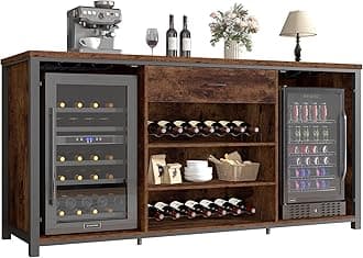 LVB Large Bar Cabinet with Fridge Space, Rustic Long Liquor Cabinet with Drawer Storage, Farmhouse Wood Metal Wine Cabinet with Rack, Sideboard Buffet for Kitchen Dining Room, Rustic Brown, 70 Inch