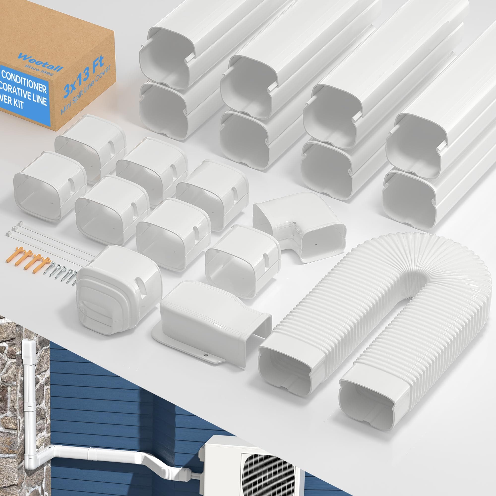 3" W 13Ft L Line Set Cover Kit for Mini Split Air Conditioners, Decorative AC Line Cover with Flexible Pipe for Central AC & Heat Pumps Systems Tubing Cover