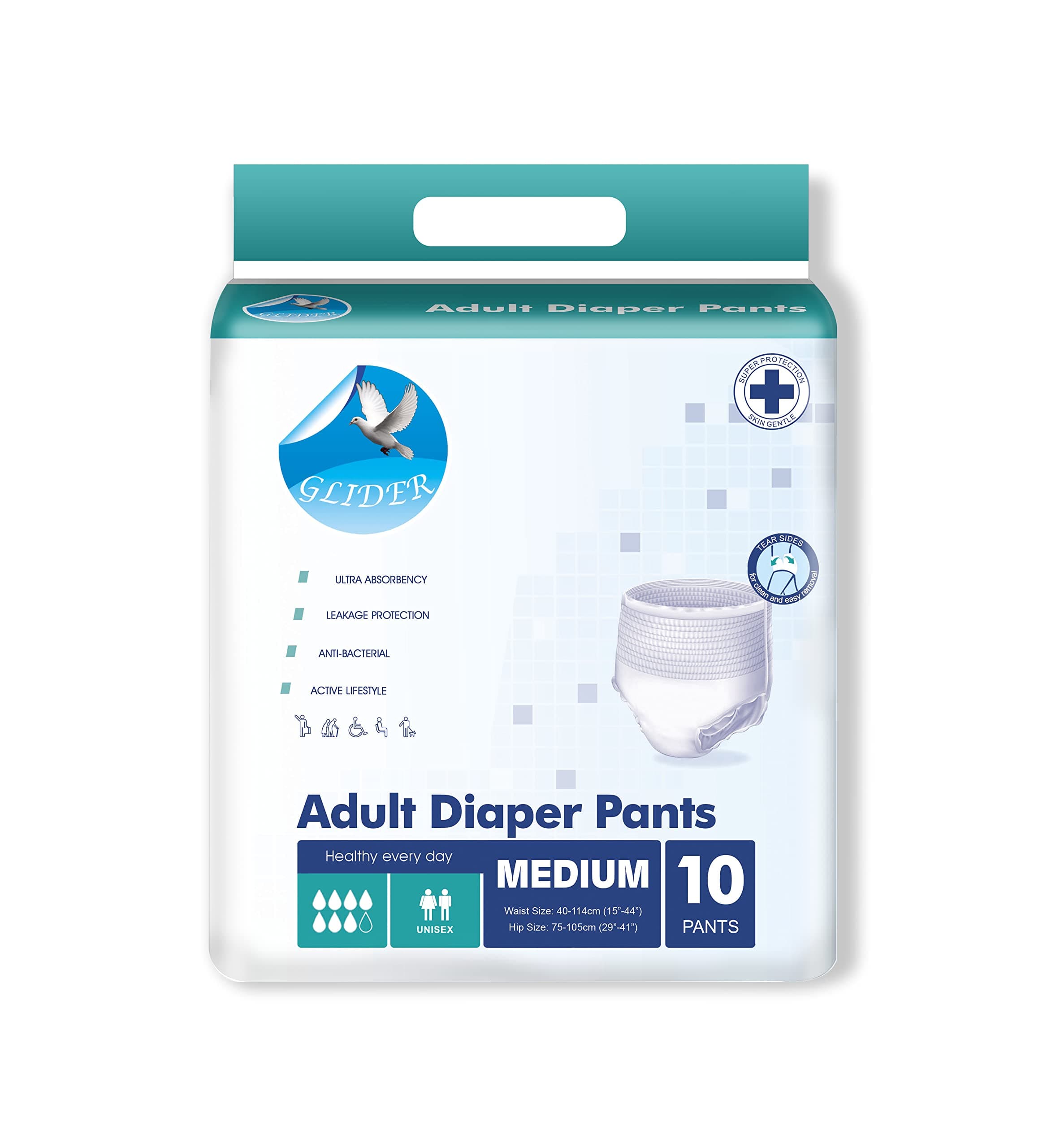 Glider Adult Diaper Pull Ups MEDIUM - Pant Style (Count10) (29-41 inch, 75-105 cm)