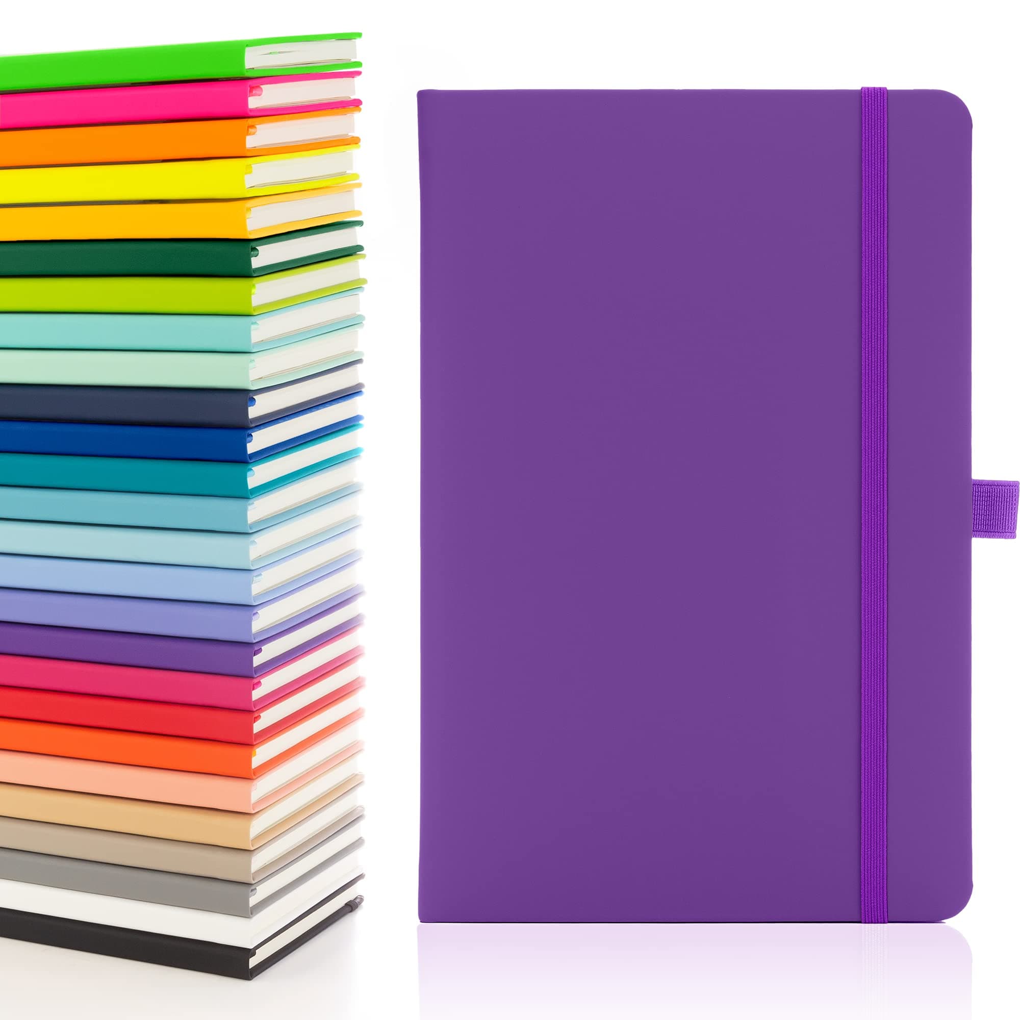50 x Bulk Pack of Notes London Eco A5 Notebook with Lined Pages, Pen Loop, Ribbon, Date Marks and Paper Pocket, Medium Hardback Journal, Note, sustainably sourced paper (Purple)