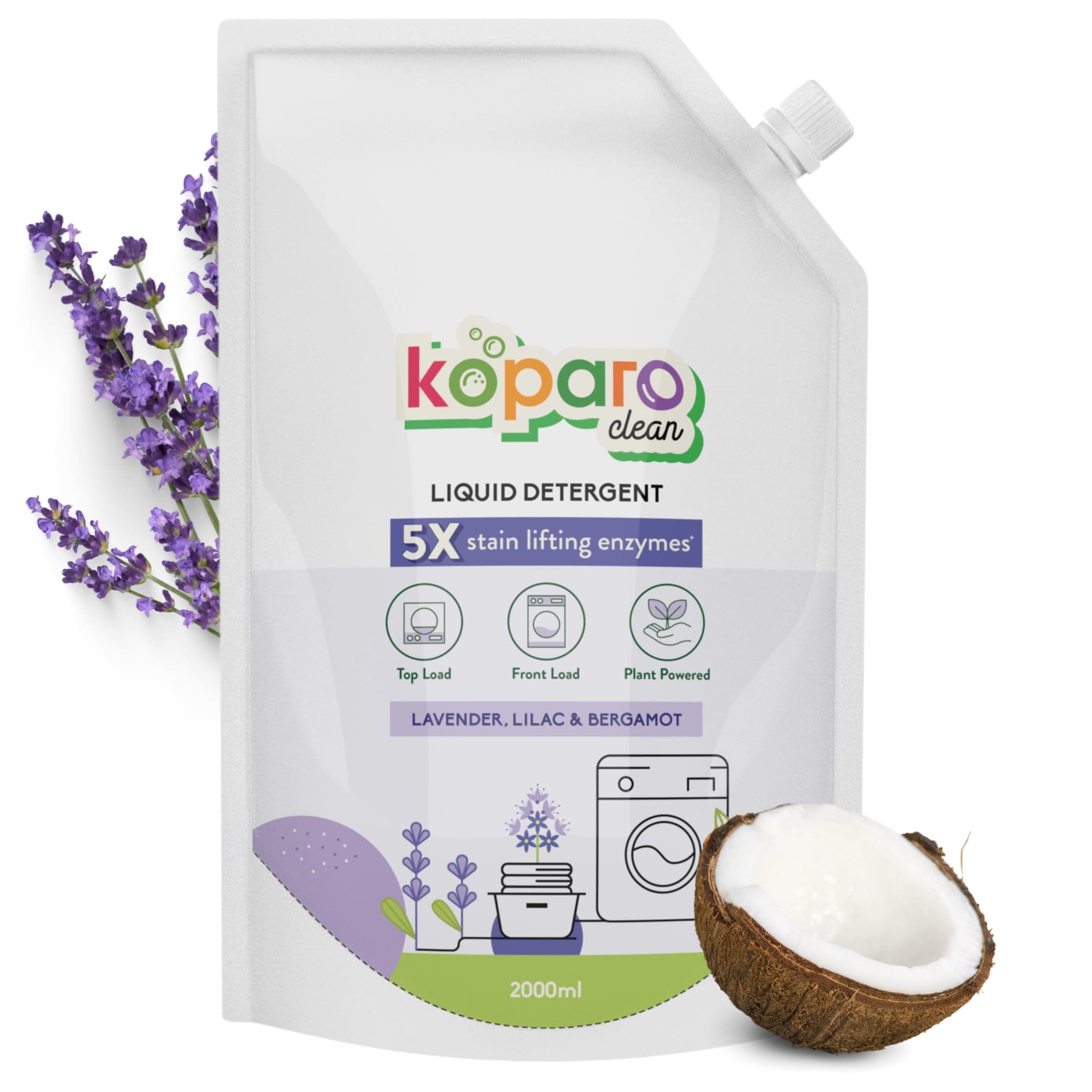 Koparo Liquid Detergent | 2 Litre | Top Load & Front Load Washing Machine Liquid Detergent | Organic Bio-Enzymes Laundry Detergent | Tough on Stains, Safe for Kids & Sensitive Skin | Lavender